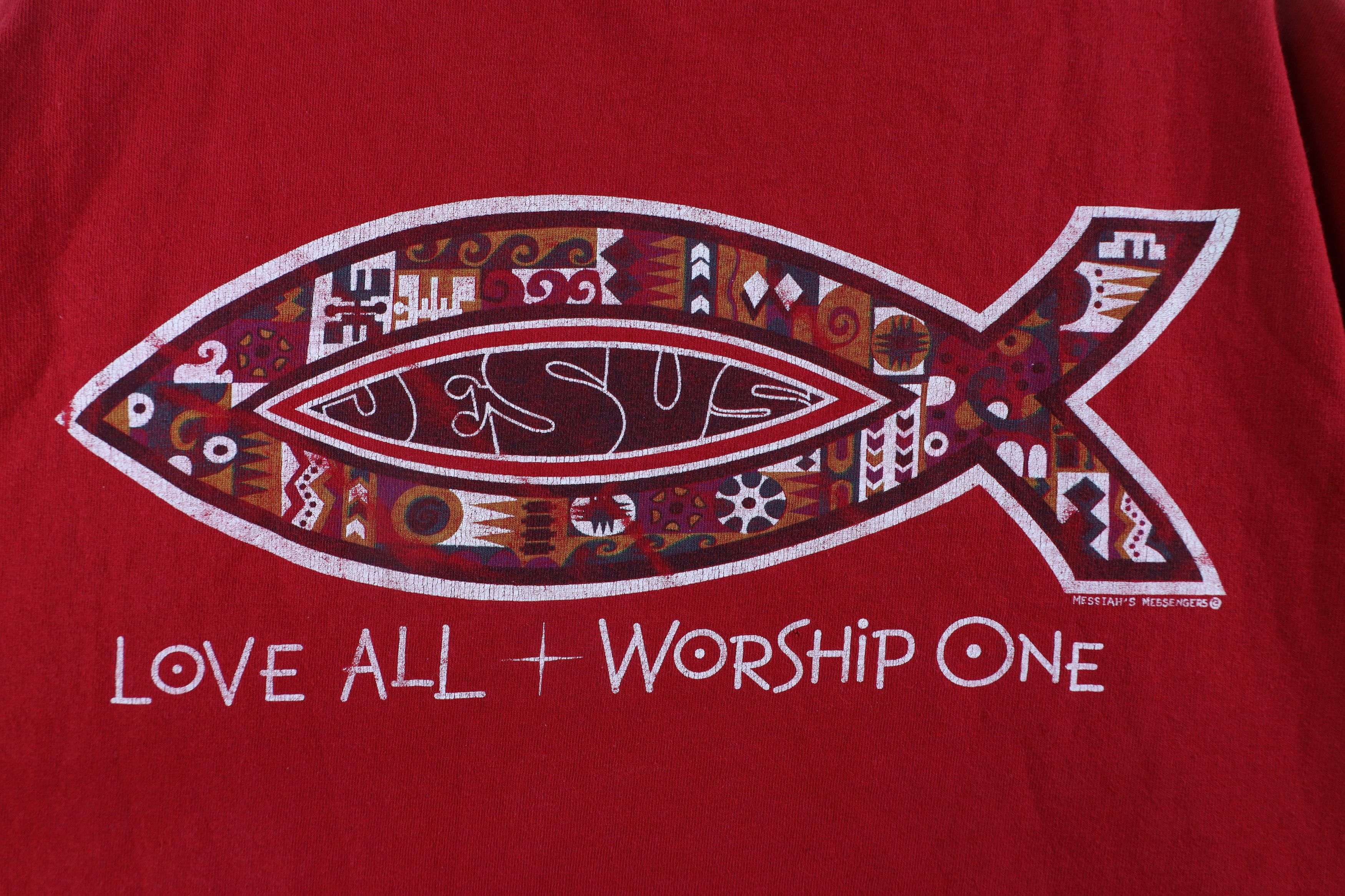 Vintage Vintage 90s Love All Worship One Jesus Fish T-Shirt Red Size US XL / EU 56 / 4 - 6 Thumbnail