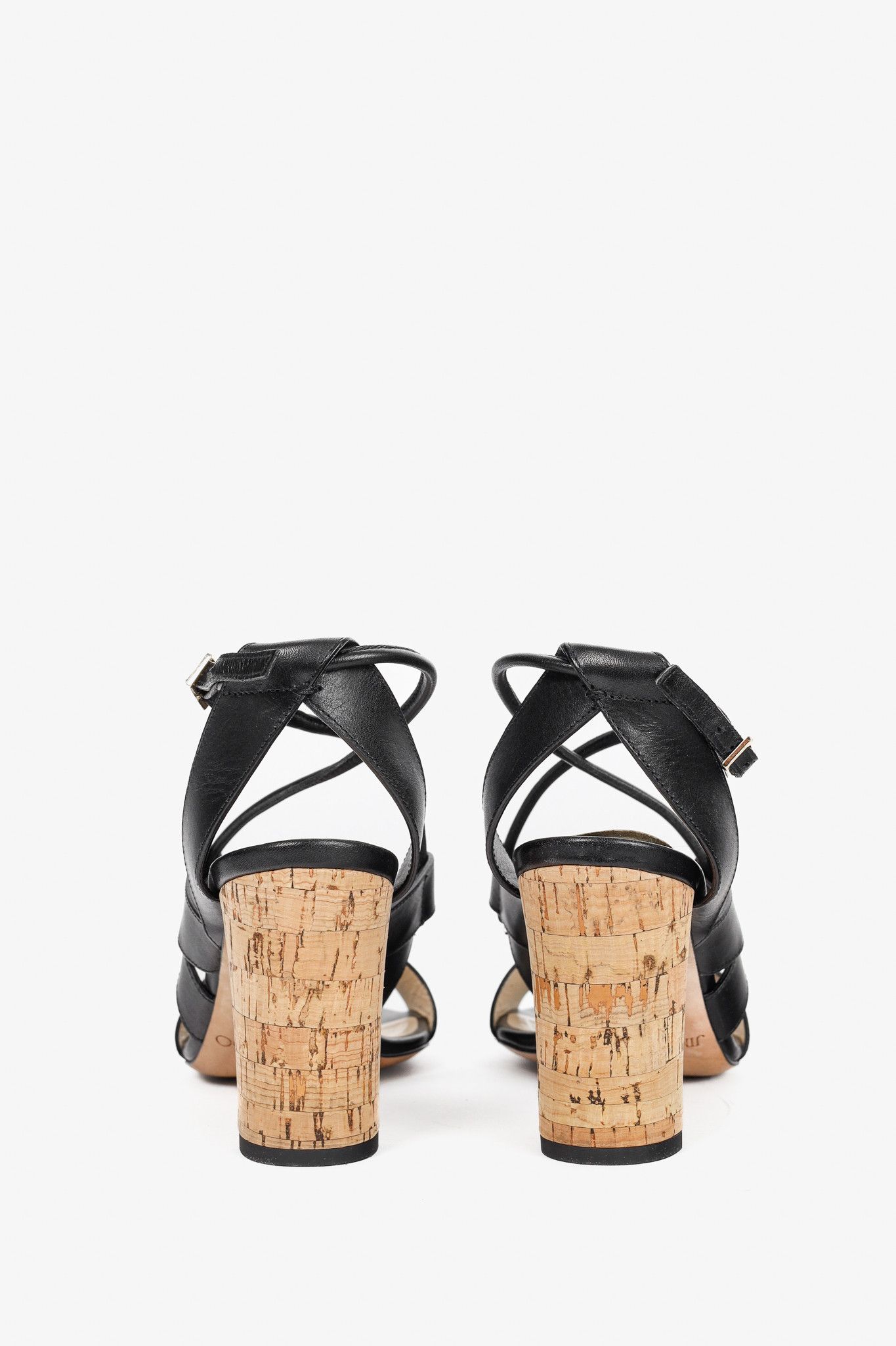 Jimmy Choo Jimmy Choo Margo Black Leather Crisscross Cork-Heel Sandals Size US 7.5 / IT 37.5 - 3 Thumbnail