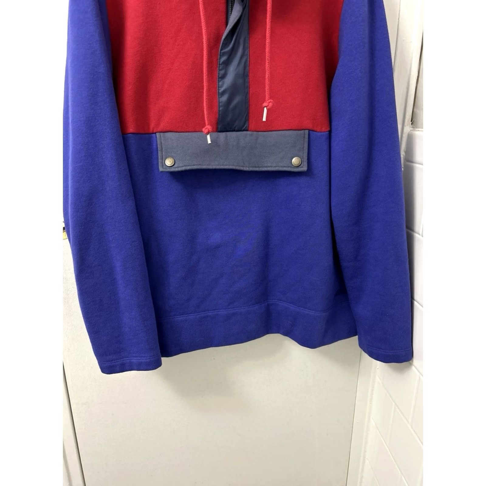 Vintage LL Bean Signature Pullover Womens M Blue Red Organic Cotton Fleece 1/4 Zip Kangaroo Pocket Sweatshirt 26” Regular Fit Size M / US 6-8 / IT 42-44 - 3 Thumbnail