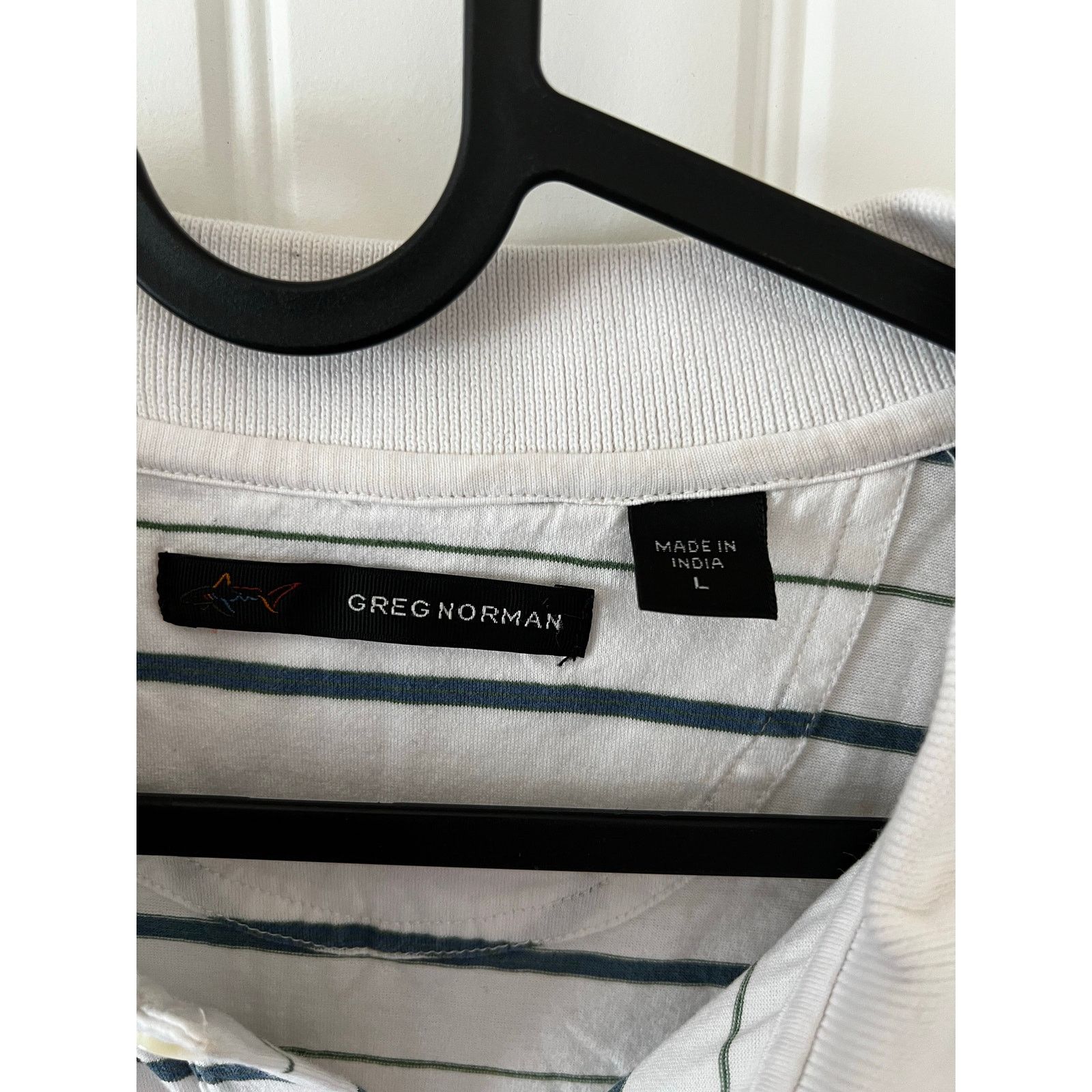 Greg Norman Men’s Polo Golf Shirt Short Sleeve Shark Logo Striped White Size US L / EU 52-54 / 3 - 6 Thumbnail