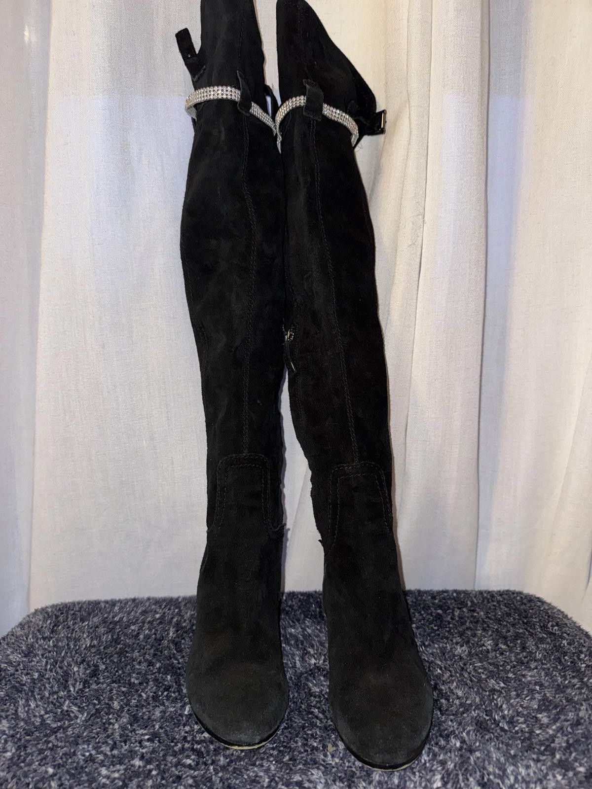 Other Black Suede Over-the-Knee High Heel Boots with Rhinestones Size US 7.5 / IT 37.5 - 2 Thumbnail