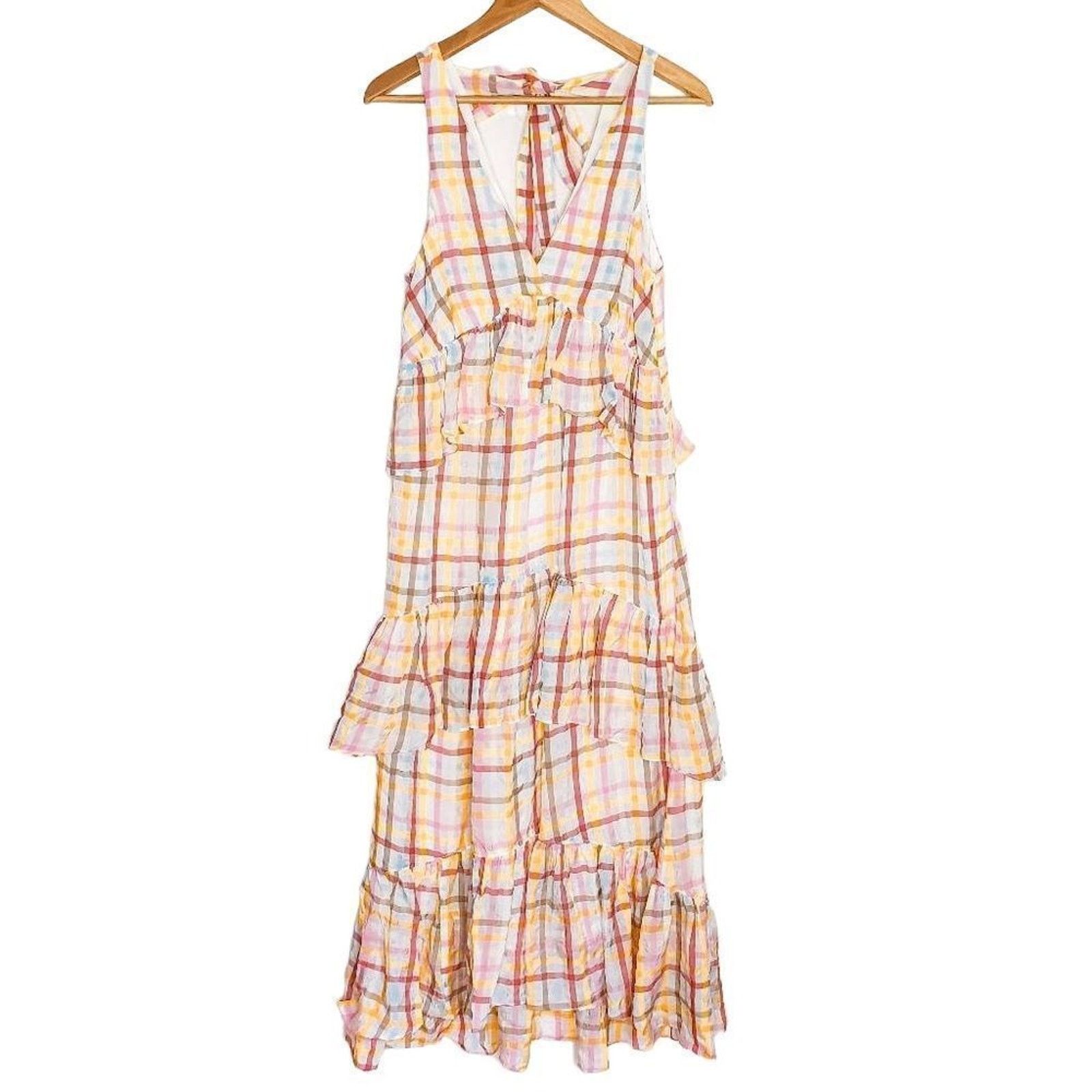 Cinq a Sept Cinq A Sept Astor Plaid White Pink Tiered Midi Dress Size 2 Size XS / US 0-2 / IT 36-38 - 2 Thumbnail