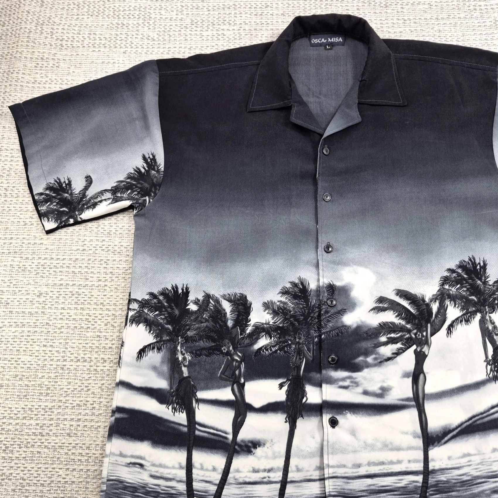 Vintage VTG OSCA MISA Button Up Shirt Mens Large Pink Palm Tree Hawaiian Short Sleeve Gray Black Graphic Print Casual Size US L / EU 52-54 / 3 - 3 Thumbnail