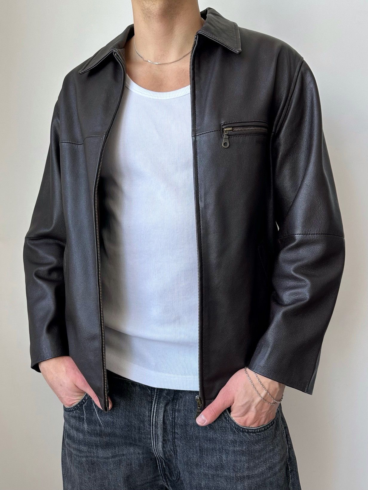 Vintage Y2K Chocolate Brown Real Leather Classic Zip Jacket