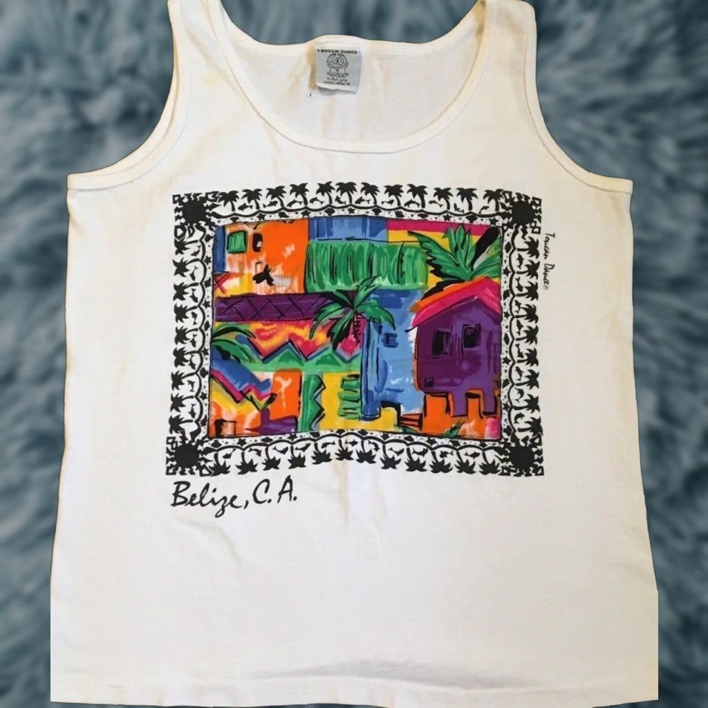 Vintage VINTAGE Belize Faded Abstract Art Tank Top XS White Graphic Tee Men 90s 80s Beach Vaporwave Grunge Street USA Reg.102 Size US XS / EU 42 / 0 - 1 Thumbnail