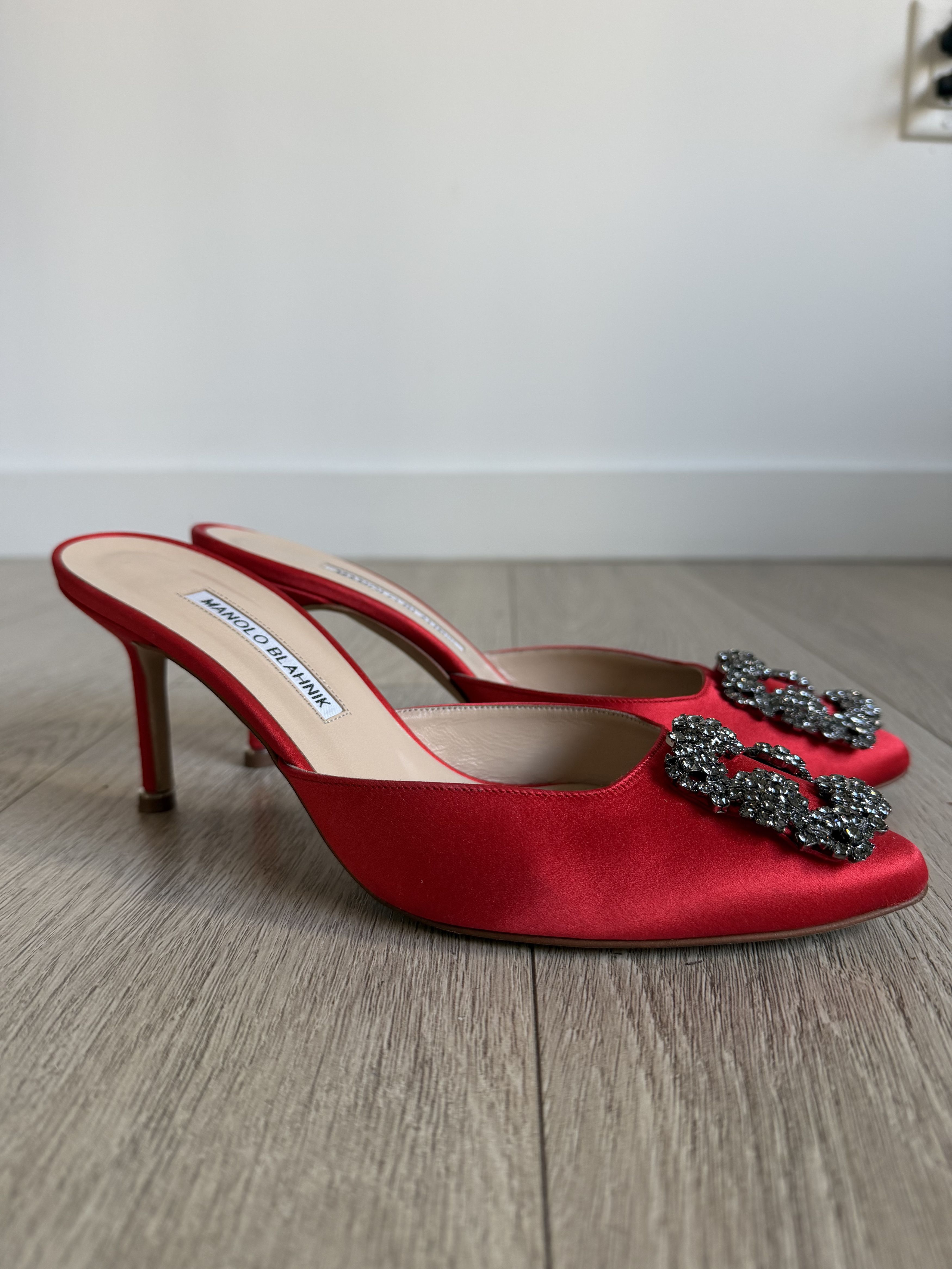 Manolo Blahnik Manolo Blahnik - HANGISIMU, Red Satin Jewel Buckle Mules Size US 7.5 / IT 37.5 - 6 Thumbnail