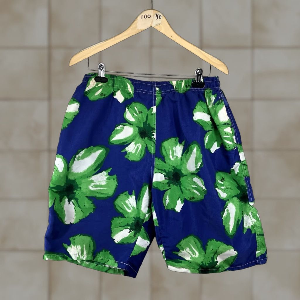 Vintage VINTAGE Banana Split Swim Trunks Mens L Blue Floral Hibiscus 80s Beach Hawaiian Lined Pockets Elastic Drawstring Size US 33 - 1 Thumbnail