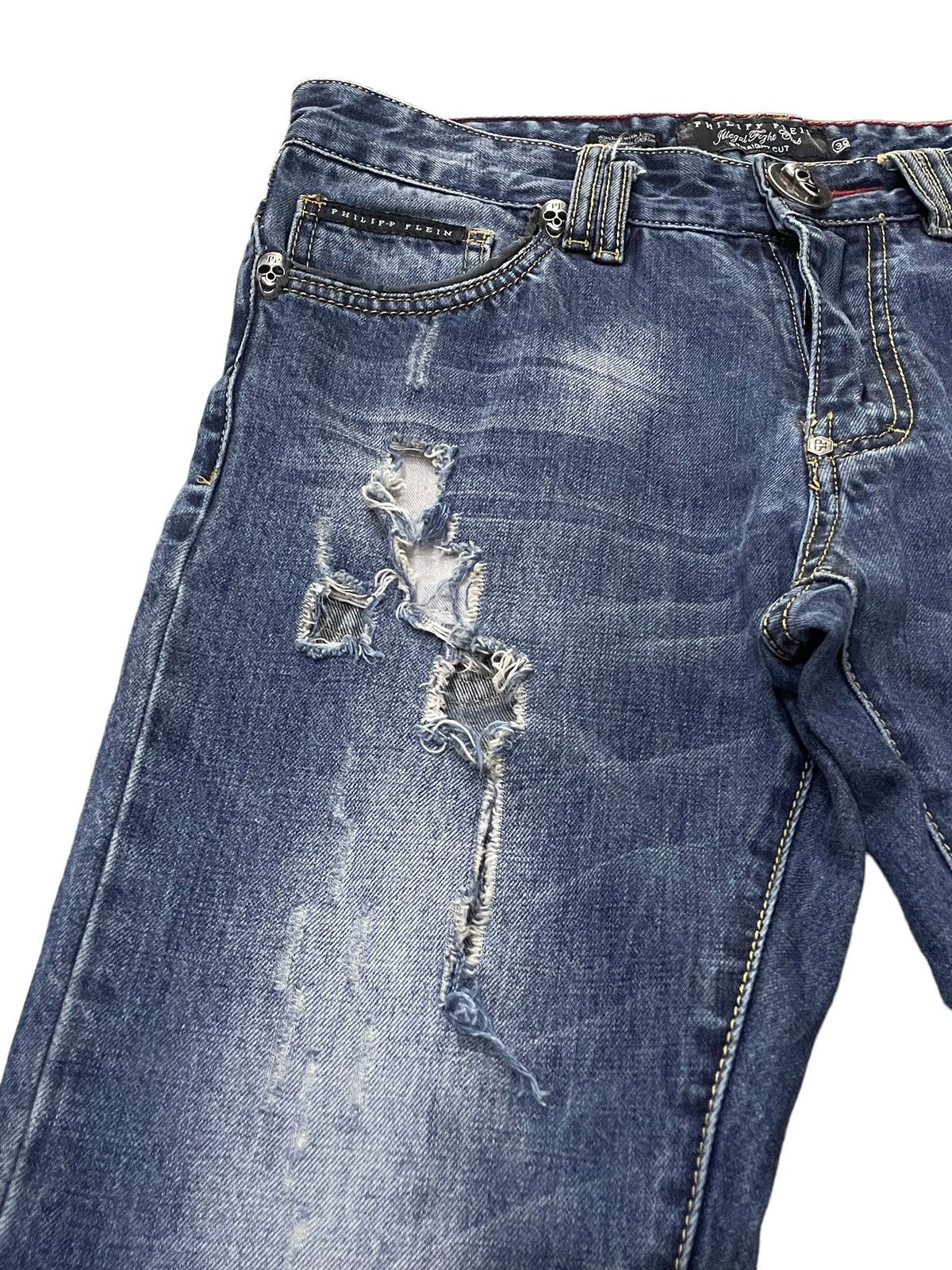 Hysteric Glamour × Philipp Plein Philip Plein Skull Embossed Crash Distressed Straight Jeans Size US 30 / EU 46 - 11 Thumbnail