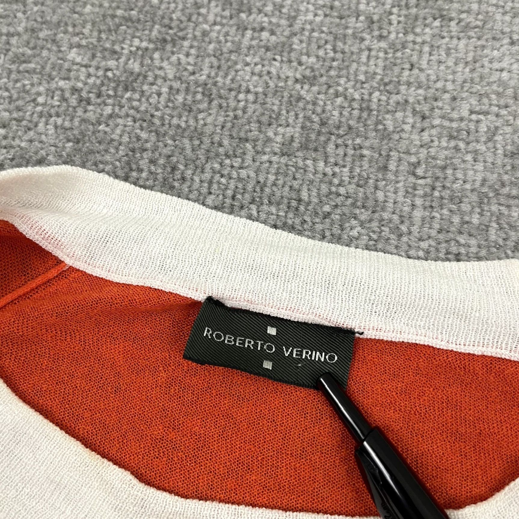 Vintage Roberto Verino Blouse Womens M Orange Striped Linen Feather Print Crew Neck Long Sleeve Size M / US 6-8 / IT 42-44 - 2 Thumbnail