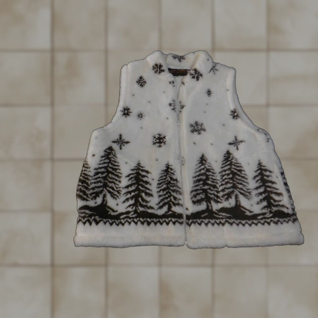 Vintage Cobblestone Canyon Vest Womens XL White Sherpa Fleece Zip Winter Made USA Beige Brown Snowflake Pine Tree Pattern Size XL / US 12-14 / IT 48-50 - 1 Thumbnail