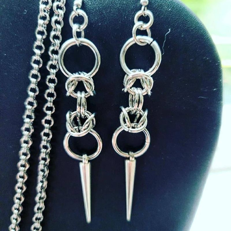 Jewelry Gothic Chainmail Punk Spike Earrings Size ONE SIZE - 2 Thumbnail