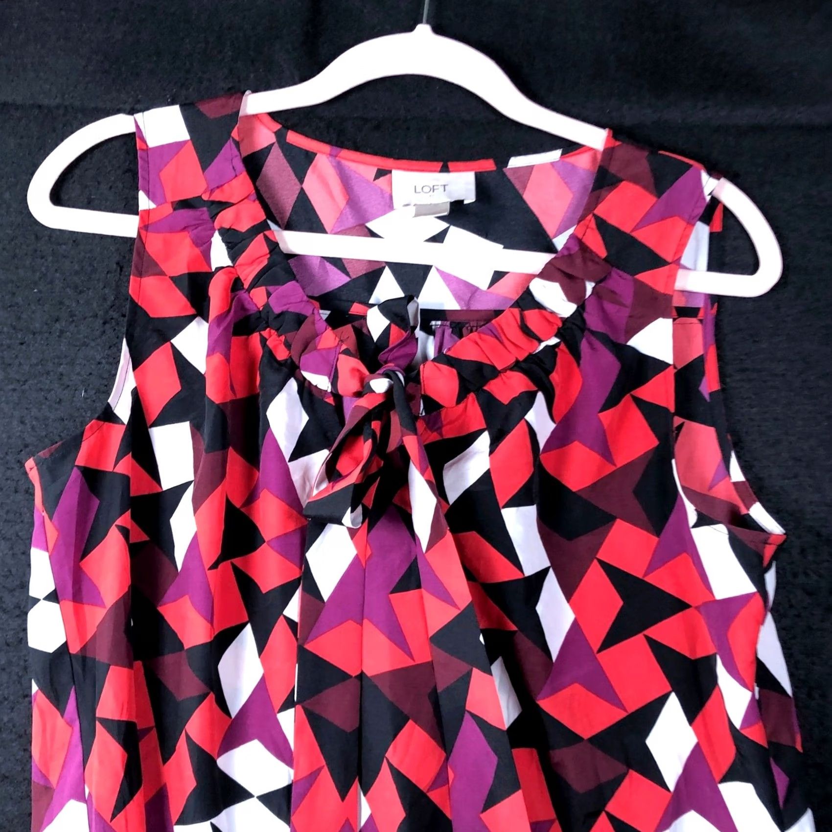 Ann Taylor Ann Taylor LOFT Blouse Womens Sleeveless Front Tie Small Multicolored Crew Neck Argyle/Diamond Pattern Chiffon Polyester Lightweight All Seasons Size S / US 4 / IT 40 - 2 Thumbnail