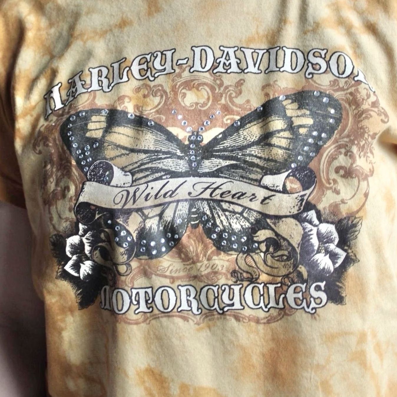 Harley Davidson VINTAGE Harley-Davidson Women T-Shirt Orange Tie-Dye Wild Heart Butterfly Y2K S/M Short Sleeve Crew Neck Rhinestone Size S / US 4 / IT 40 - 4 Thumbnail