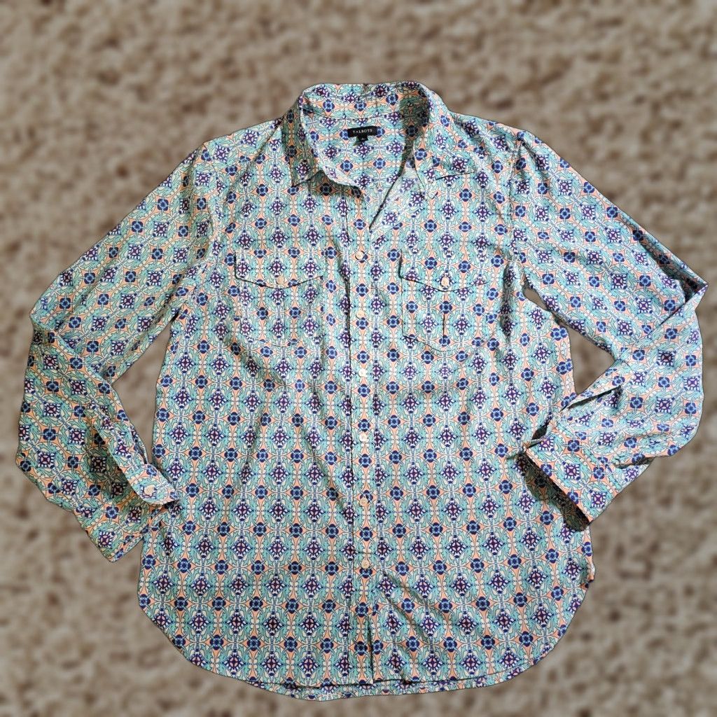 Talbots Talbots Top Shirt Womens Large Blue Geometric Long Sleeve Button Casual Career Size L / US 10 / IT 46 - 1 Thumbnail