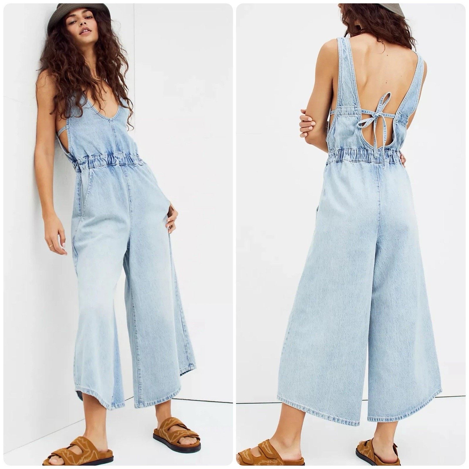 Free People FREE PEOPLE Alora Denim Wide Leg Culotte Tieback Jumpsuit XS Size 26" / US 2 / IT 38 - 2 Thumbnail