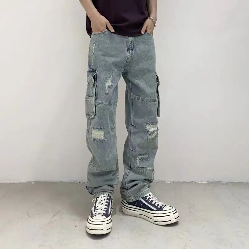 Side Pocket Pleated Double Knee Frayed Distressed Jeans