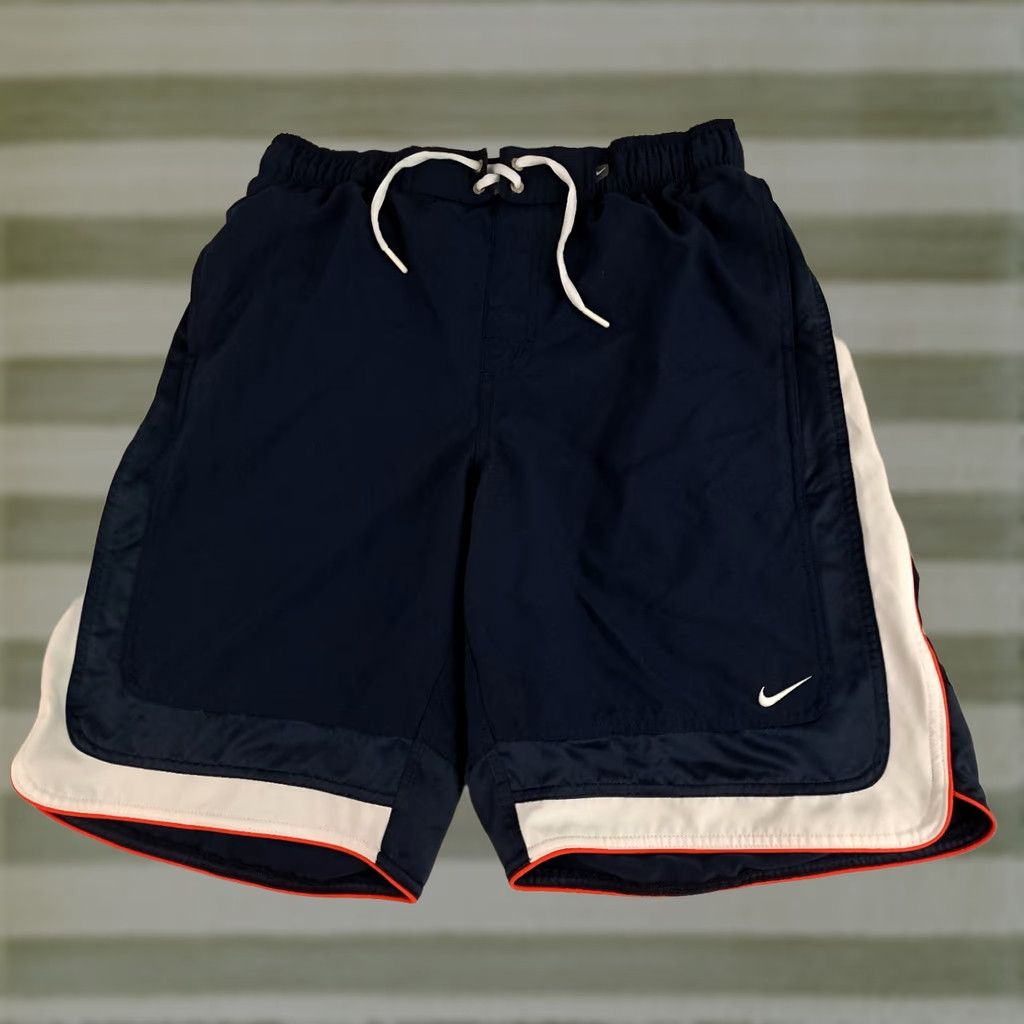 Nike VINTAGE Nike Swimming Shorts 1990s Medium EUC Athletic Basketball Men Blue 30 in Inseam 10 in Drawstring Pockets Solid Summer Spring 90s Sports Size US 31 - 1 Thumbnail