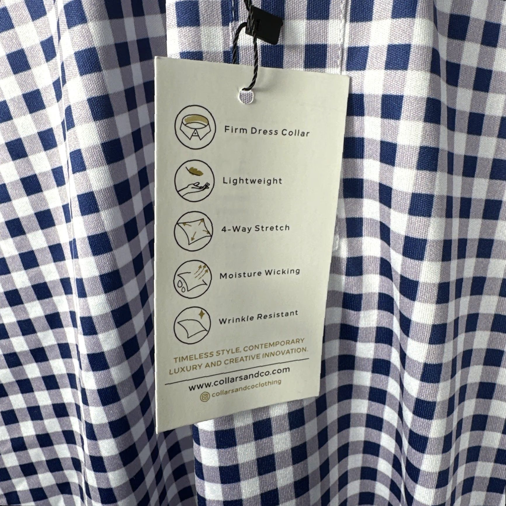 CO Collars & Co Dress Collar Polo Shirt S Navy Gingham Stretch Golf Button Down Short Sleeve Men Regular 100% Polyester Blue Size 36R - 3 Thumbnail