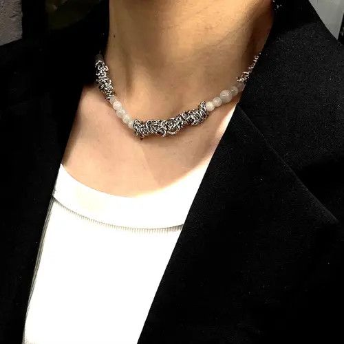 Designer Punkrock Tiger-eye Gems Patchwork Asymmetric Silver Necklace Size ONE SIZE - 4 Thumbnail