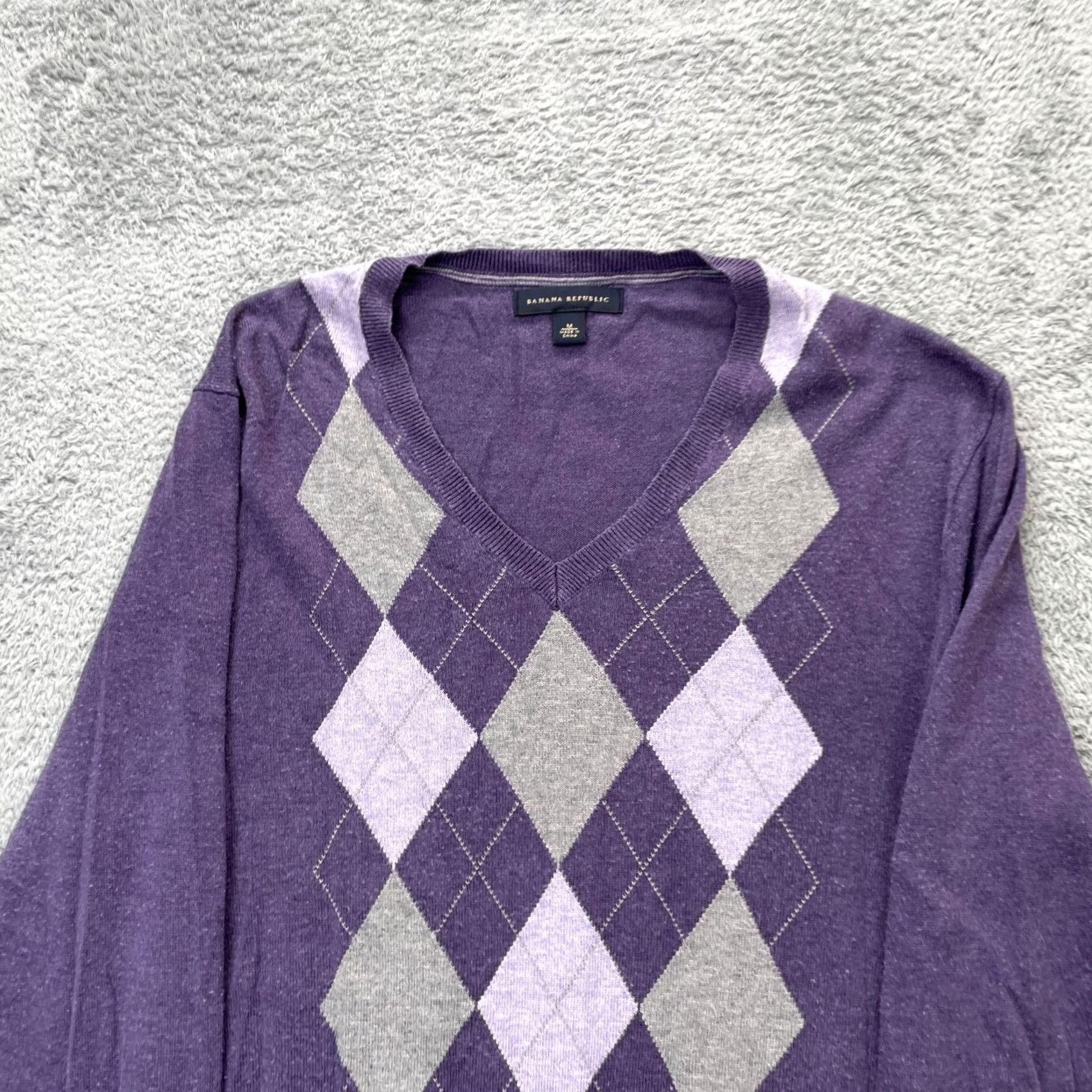 Banana Republic Banana Republic Sweater Mens Medium Purple Argyle V Neck Tight Knit Cotton Size US M / EU 48-50 / 2 - 2 Thumbnail