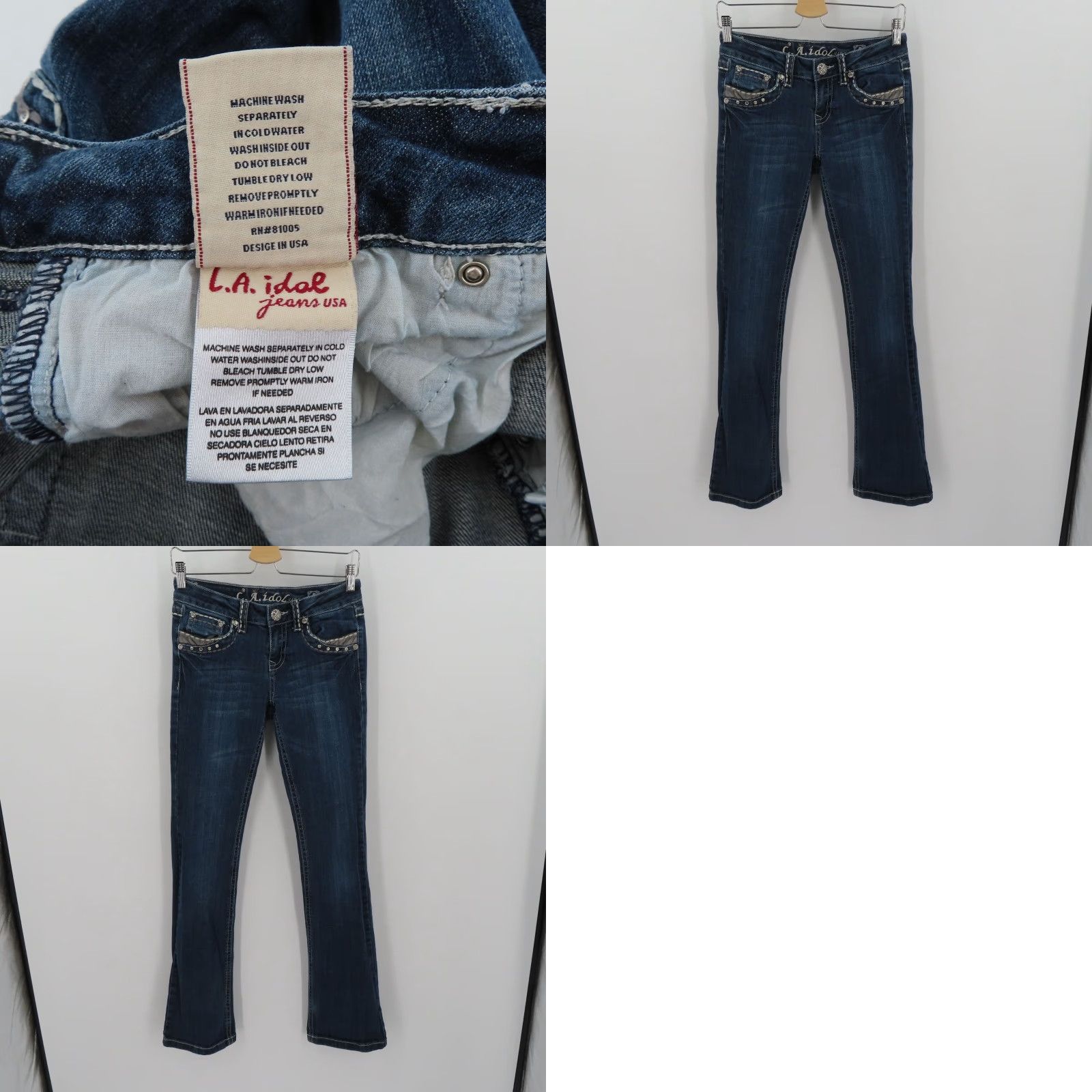 Denime LA Idol Jeans Bootcut Denim 5 Juniors Low Rise Rhinestone Blue 5-Pocket Regular Womens Vintage: No Size 27" / US 4 / IT 40 - 9 Thumbnail