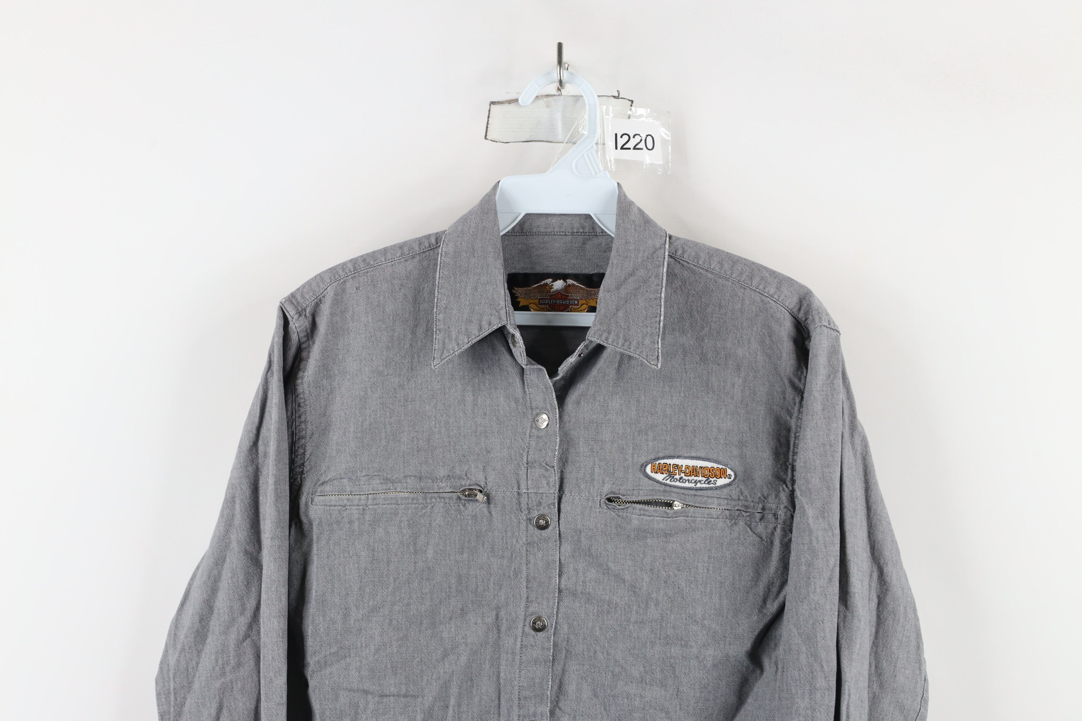 Harley Davidson × Vintage Vintage 90s Harley Davidson Chambray Button Shirt Gray Size S / US 4 / IT 40 - 2 Thumbnail