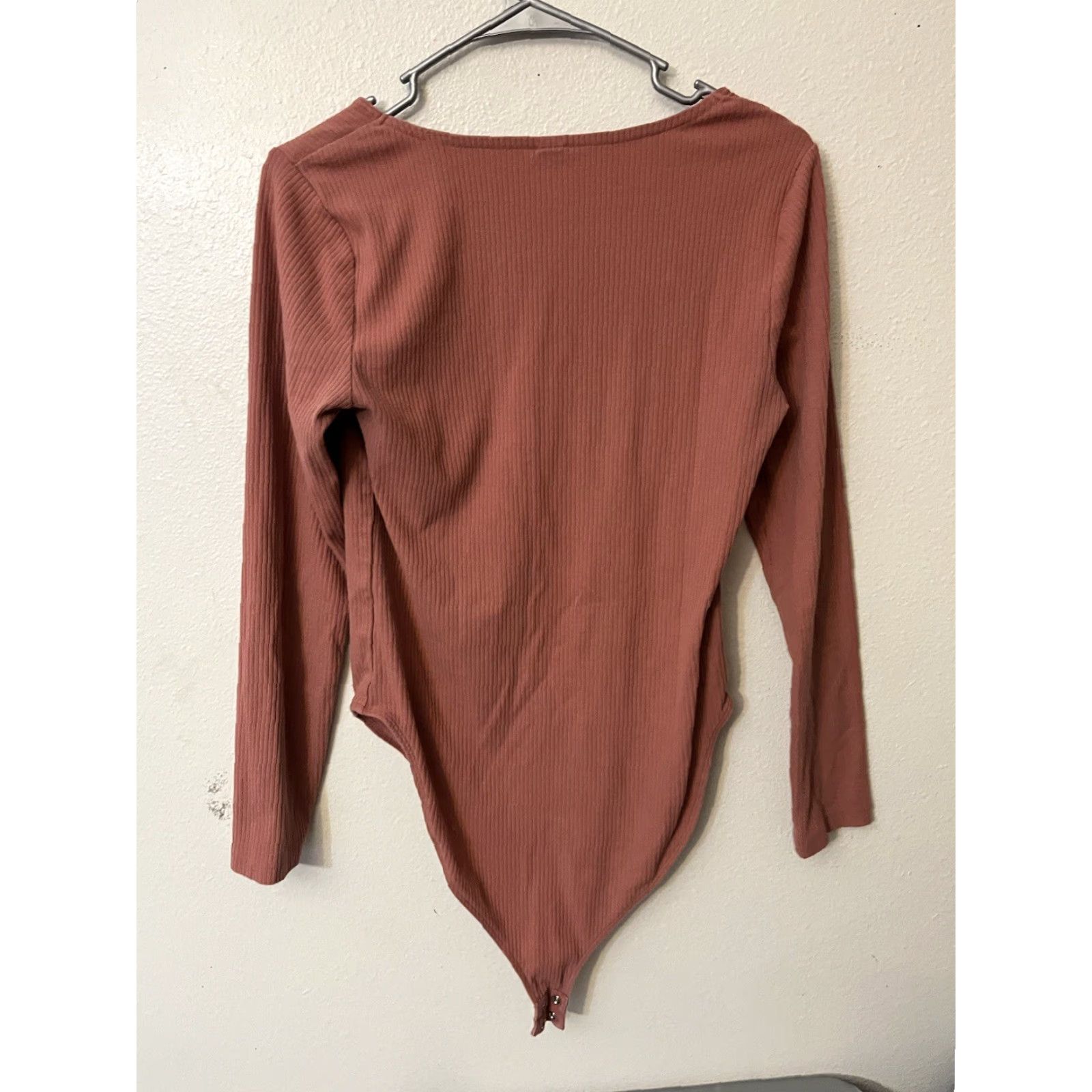 Old Navy Old Navy Bodysuit Long-Sleeve Square-Neck Pink Salmon Size Large Regular Women's Solid Knit Cotton Spandex Elastane Size L / US 10 / IT 46 - 3 Thumbnail