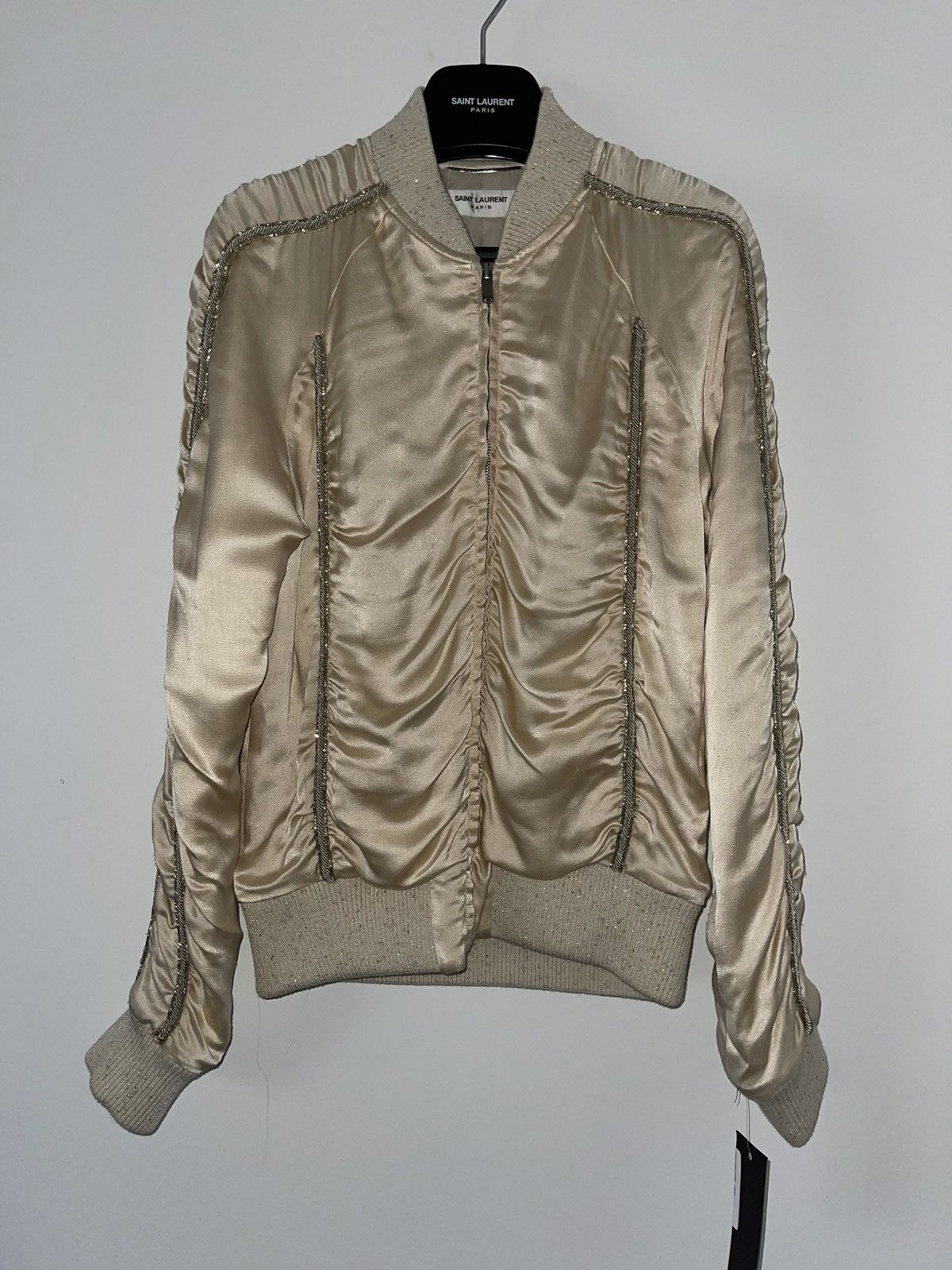 image of Saint Laurent Paris Ss20 - Men’S Satin Embroidered Bomber in Beige, Men's (Size Small)