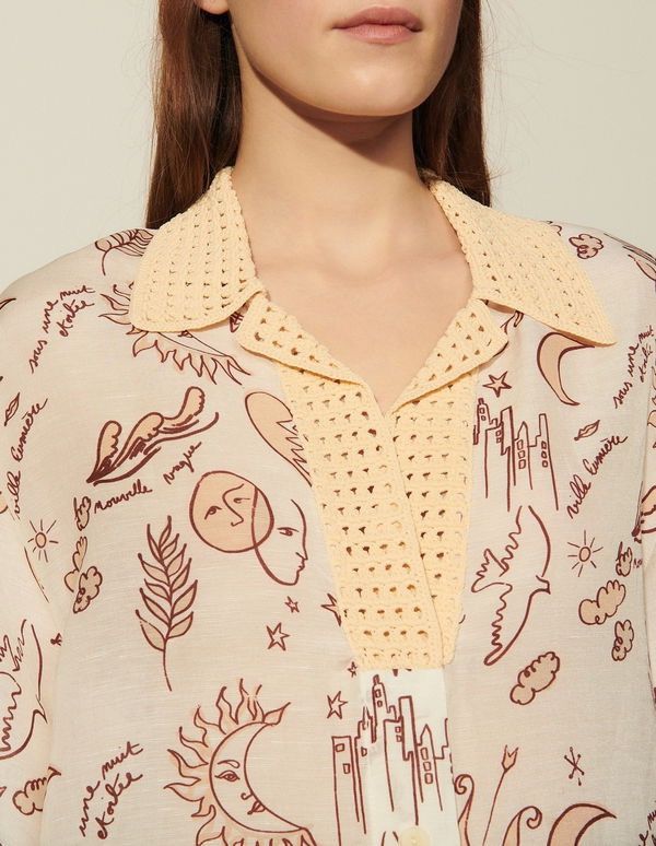 Sandro Sandro - Printed Shirt With Crochet Collar Size M / US 6-8 / IT 42-44 - 11 Thumbnail