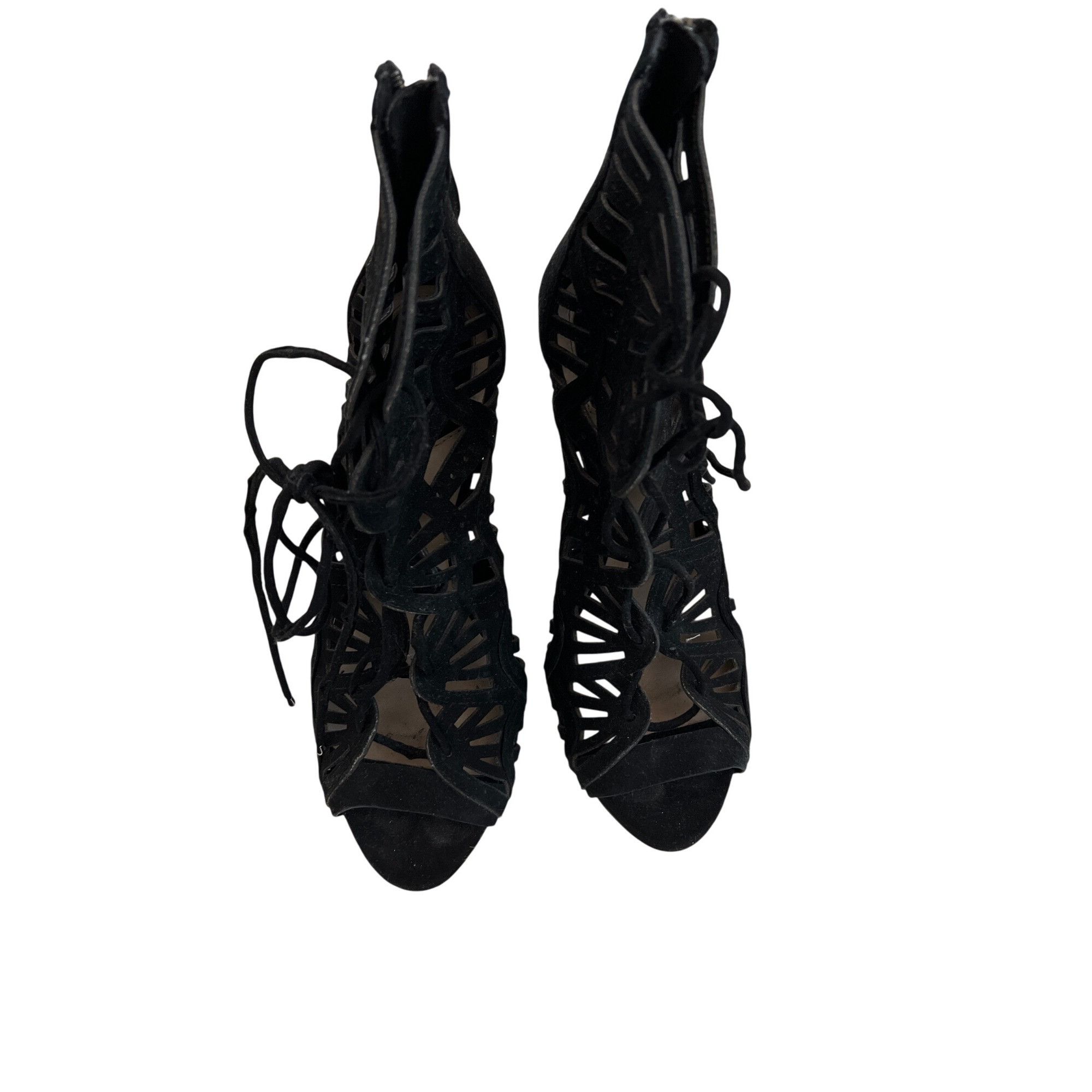 Zara Zara Lace-Up Peep Toe Black Stiletto Heels With Cut-Out Desi Size US 8 / IT 38 - 1 Thumbnail