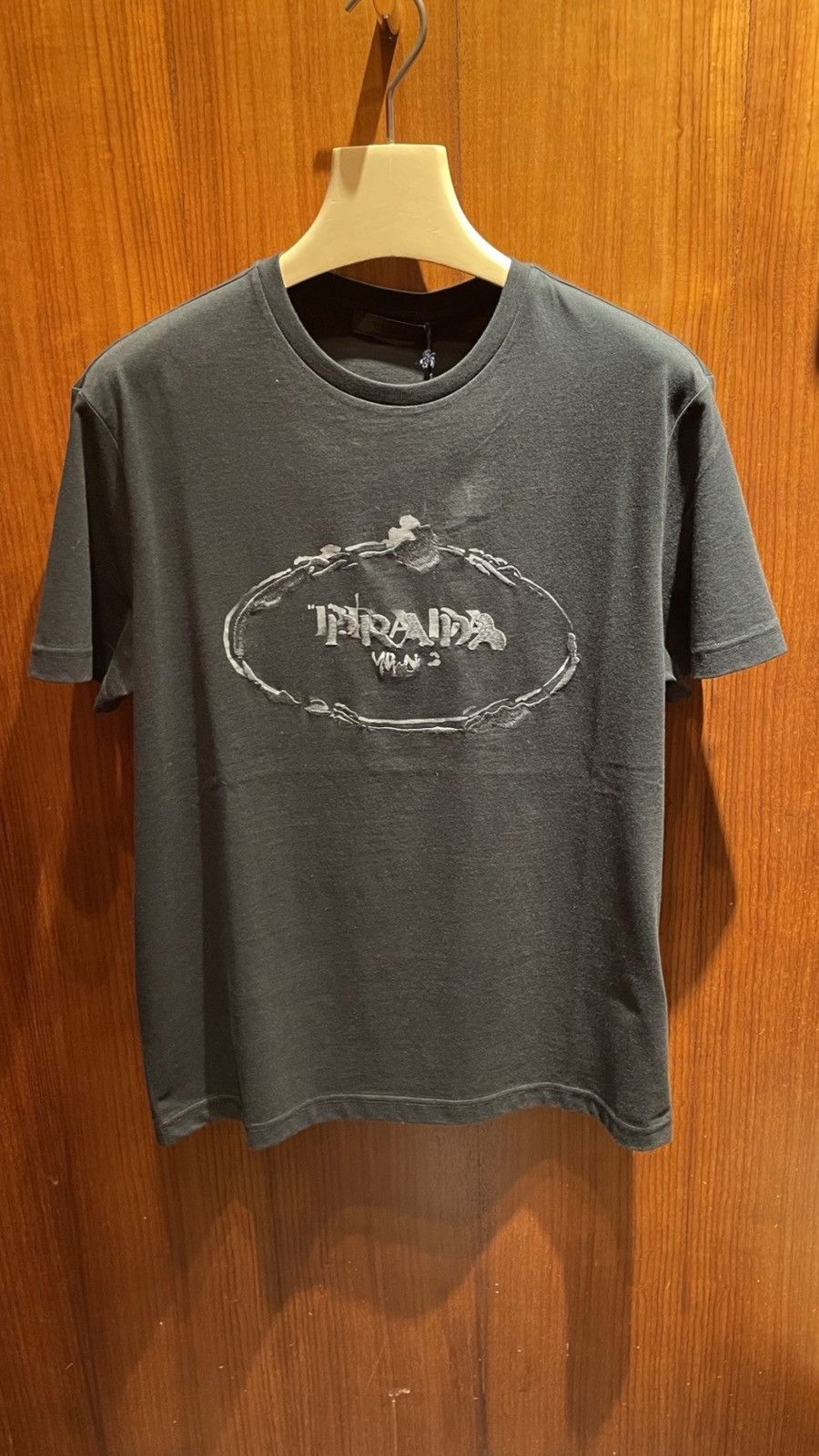 image of Prada Embroidered Logo T-Shirt in Black, Men's (Size XL)