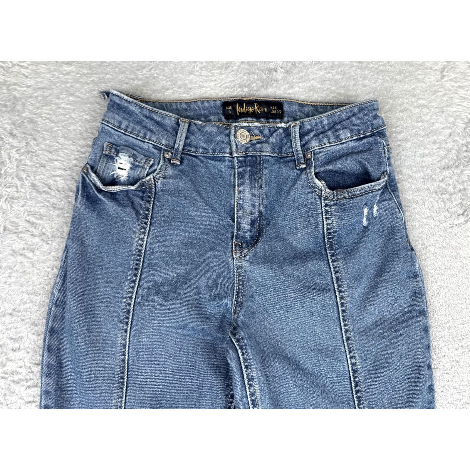 Vintage Indigo Rein Jeans Straight 3 Juniors Blue Medium Wash Distressed 25x32.5 Mid Rise White? Size 26" / US 2 / IT 38 - 4 Thumbnail