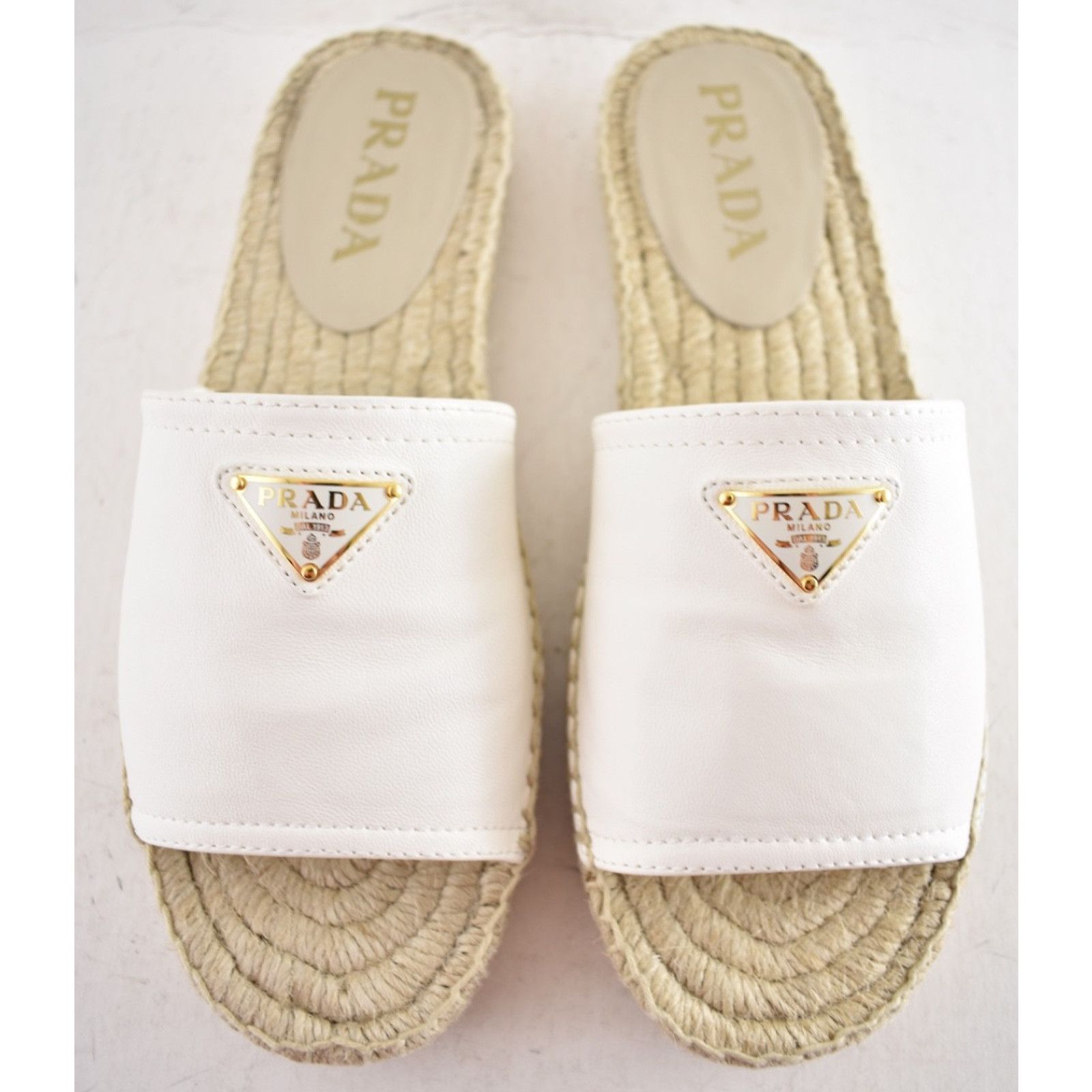 Prada Prada Gold Triangle Logo Avorio White Leather Espadrille 37 Size US 7 / IT 37 - 3 Thumbnail