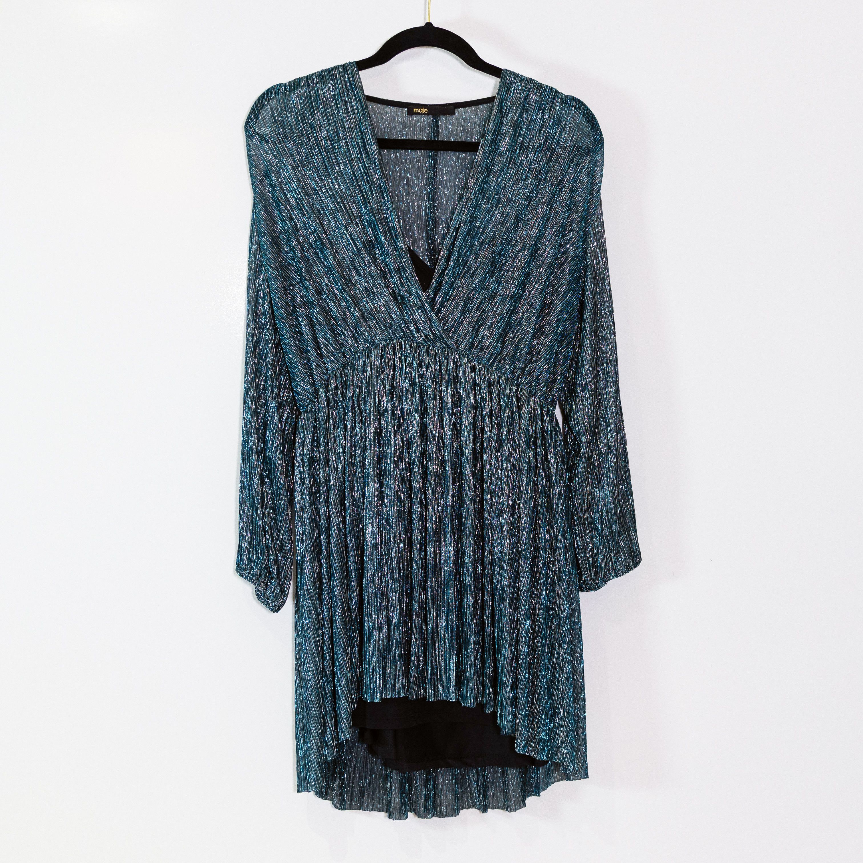 Maje Maje Metallic Plisse Pleated V Neck Long Size L / US 10 / IT 46 - 1 Thumbnail
