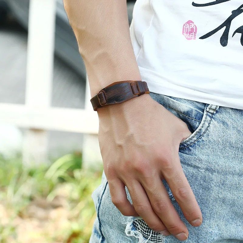 Leather × Vintage Fashion Retro Men's Leather Bracelet Brown Wrap Bracelets Size ONE SIZE - 2 Thumbnail