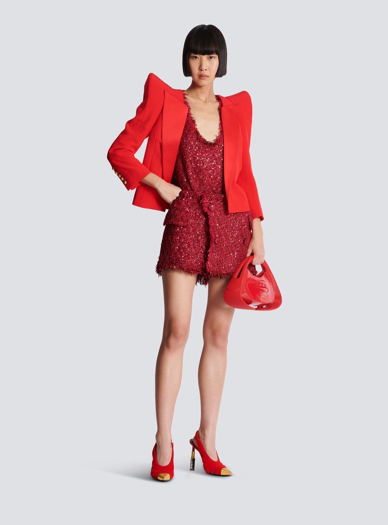 Balmain o1s1wg110526 Glittered Tweed Top in Red Size S / US 4 / IT 40 - 5 Thumbnail