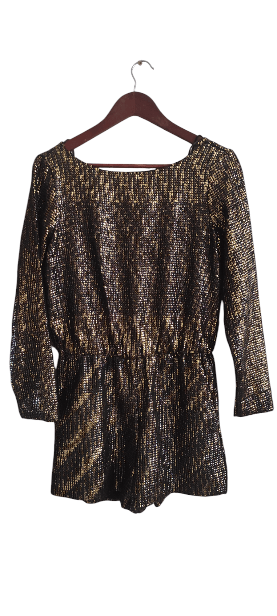 Zara ZARA Jumpsuit Gold Sequin Black Metallic Long Sleeve Romper Size 26" / US 2 / IT 38 - 3 Thumbnail