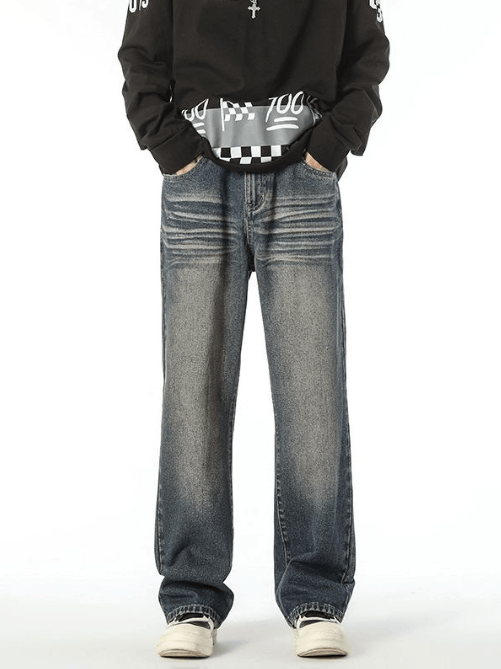 Men´s washed vintage whisker straight high street jeans Menswear