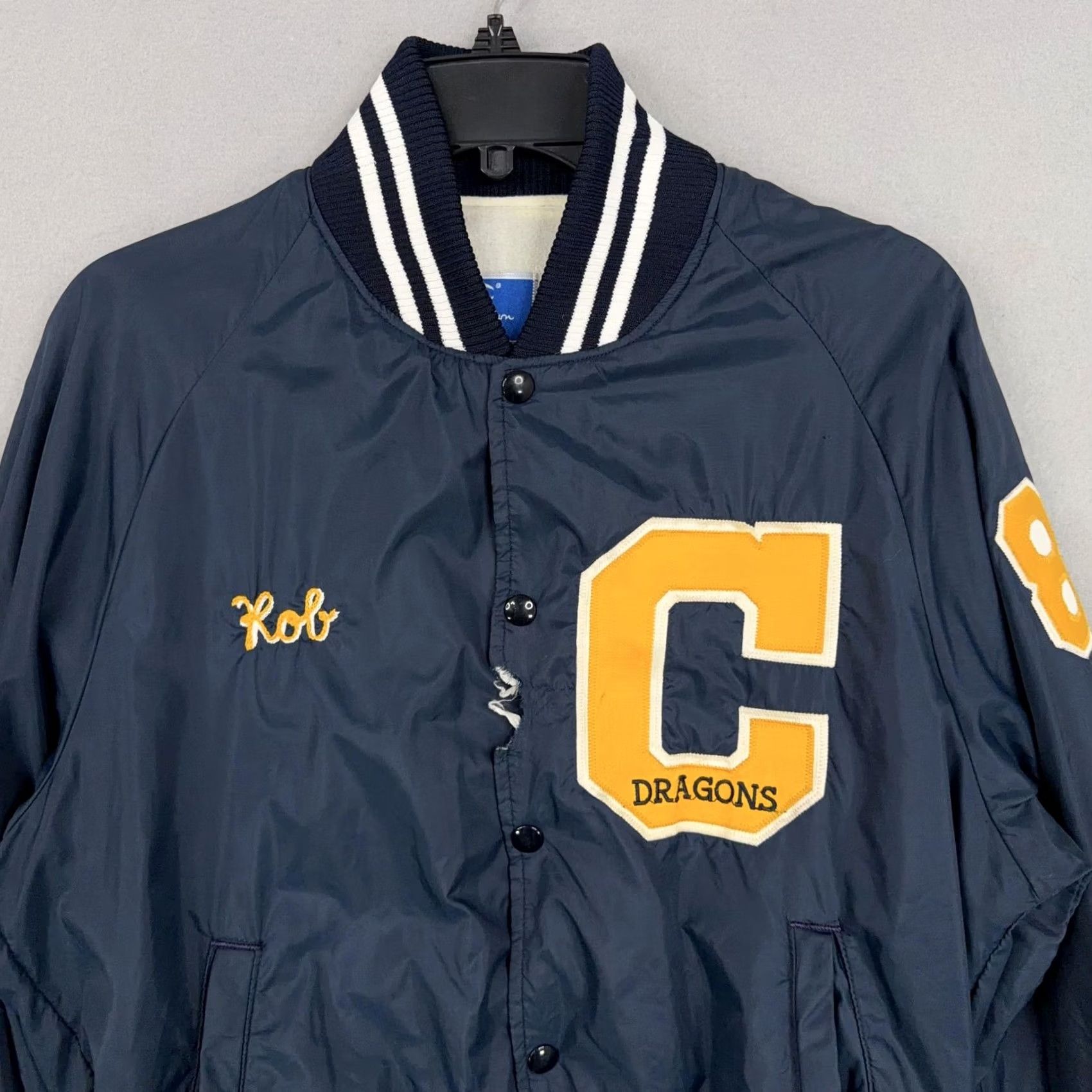 Champion VINTAGE Champion Clintondale Dragons Jacket Mens M Navy Blue Varsity 80s 90s Sports Front Snap Pockets Logo Zipper William? Size US M / EU 48-50 / 2 - 3 Thumbnail