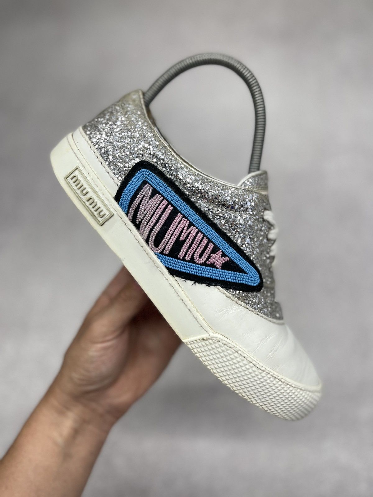 Miu Miu Miu Miu Leather Low Top Sneakers White/Glitter Silver Luxury Size US 7 / IT 37 - 1 Thumbnail