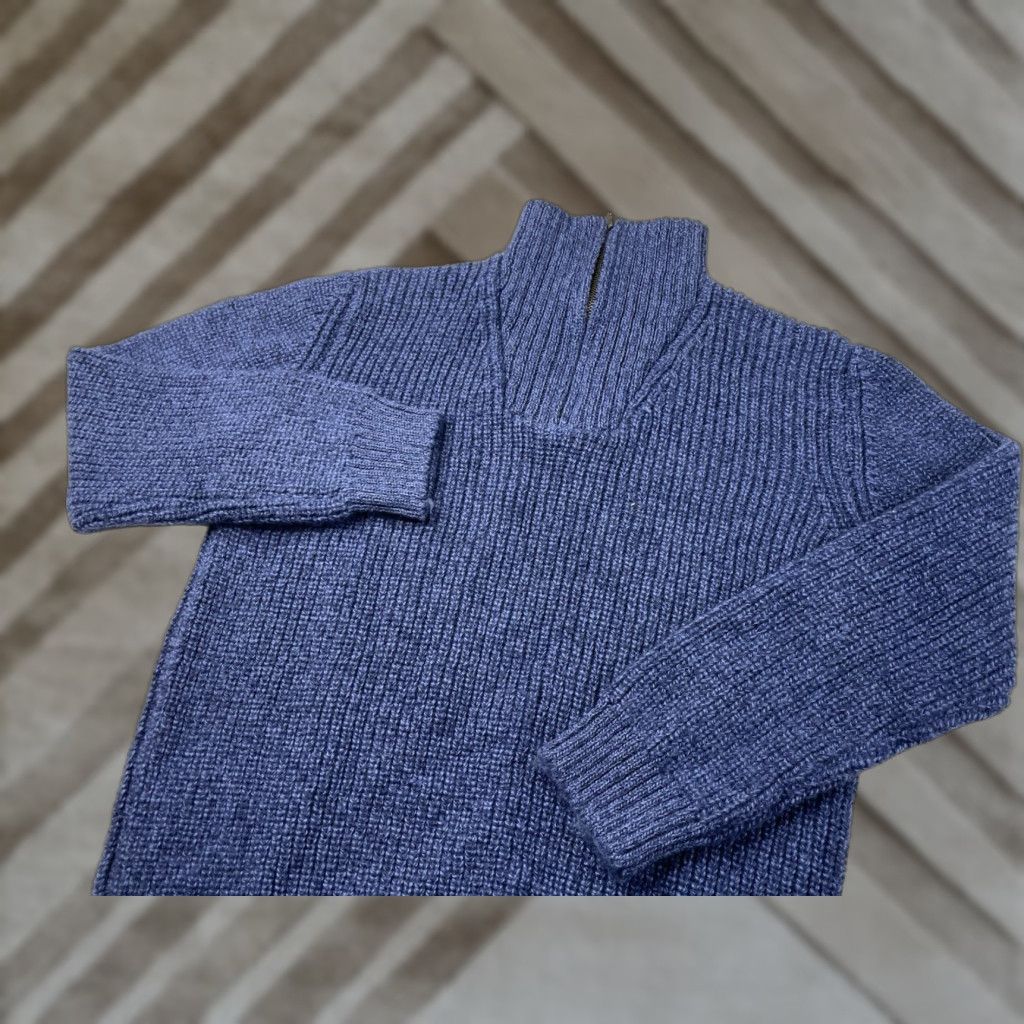 Market Aran Sweater Market Womens Large Virgin Wool Blue 1/4 Zip Knit Pullover Ireland Gyro? No rips or stains Size L / US 10 / IT 46 - 1 Thumbnail