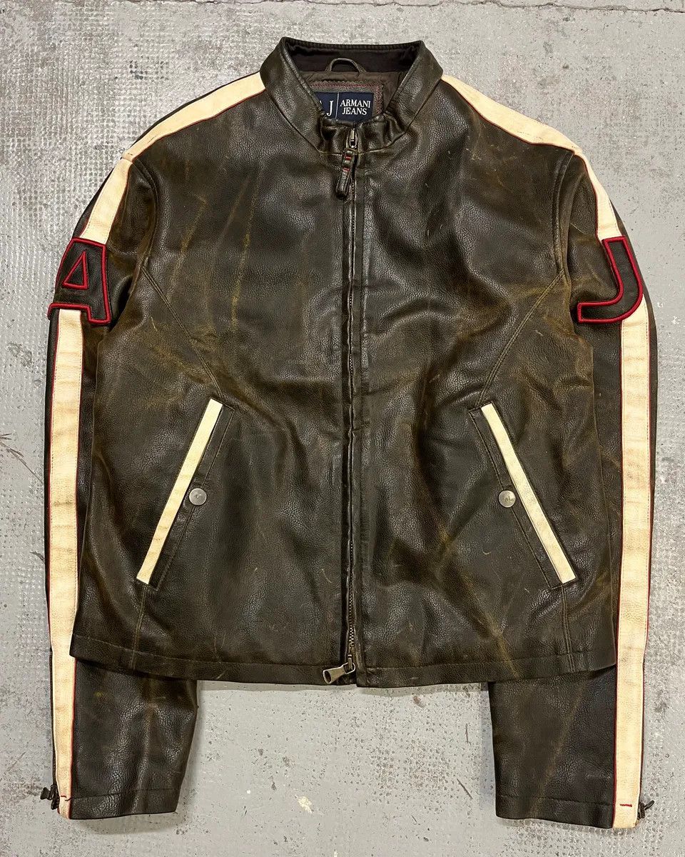 Armani 2000s Armani Brown Leather Stripe Biker Leather Jacket Size US M / EU 48-50 / 2 - 2 Thumbnail