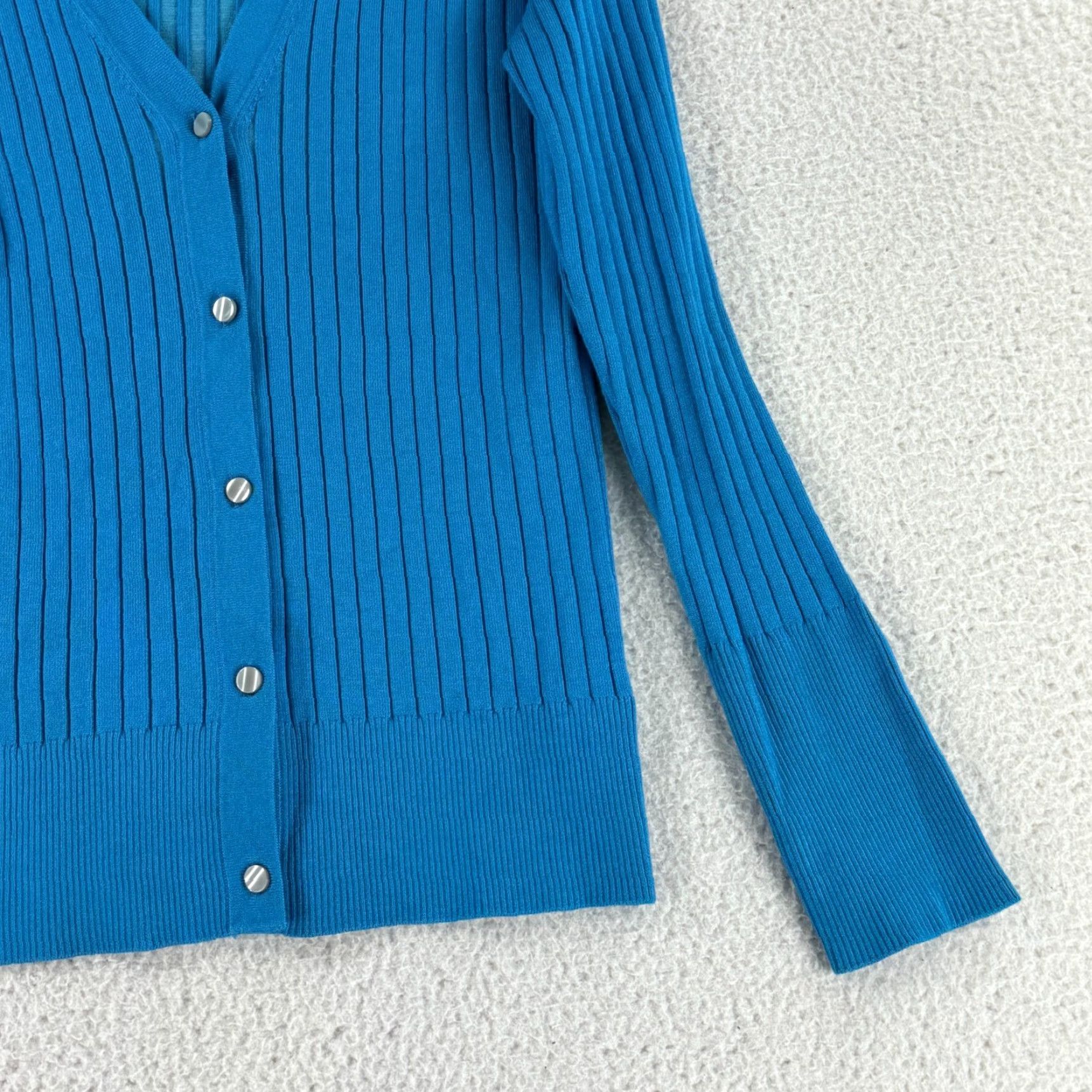 Boston Proper Boston Proper Cardigan Womens Medium Blue Ribbed Button-Up V-Neck Stretch LS Size M / US 6-8 / IT 42-44 - 3 Thumbnail