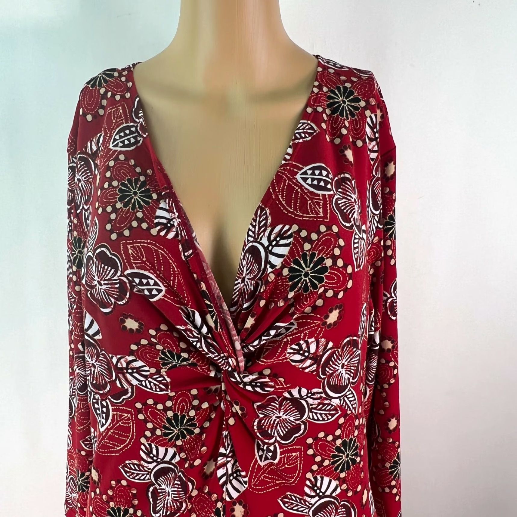 Vintage VINTAGE Vtg Notations Womens Floral Long Sleeves V Neck Twist Front Red Midi Dress Sz XL Size XL / US 12-14 / IT 48-50 - 2 Thumbnail