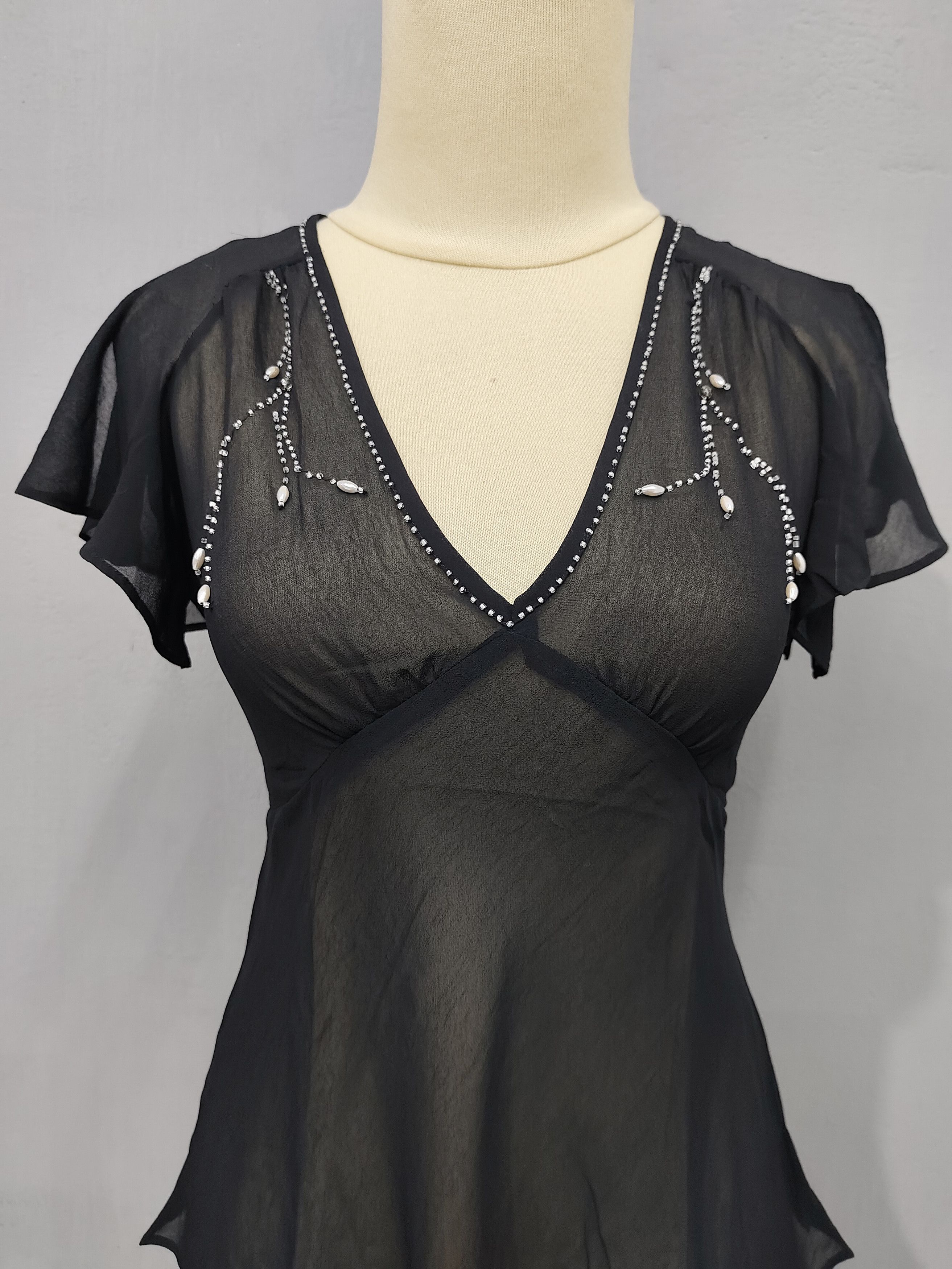 Michel Klein 00s Michel Klein- Fairy Grunge Gothic Sheer Beaded V-Neck Size M / US 6-8 / IT 42-44 - 2 Thumbnail
