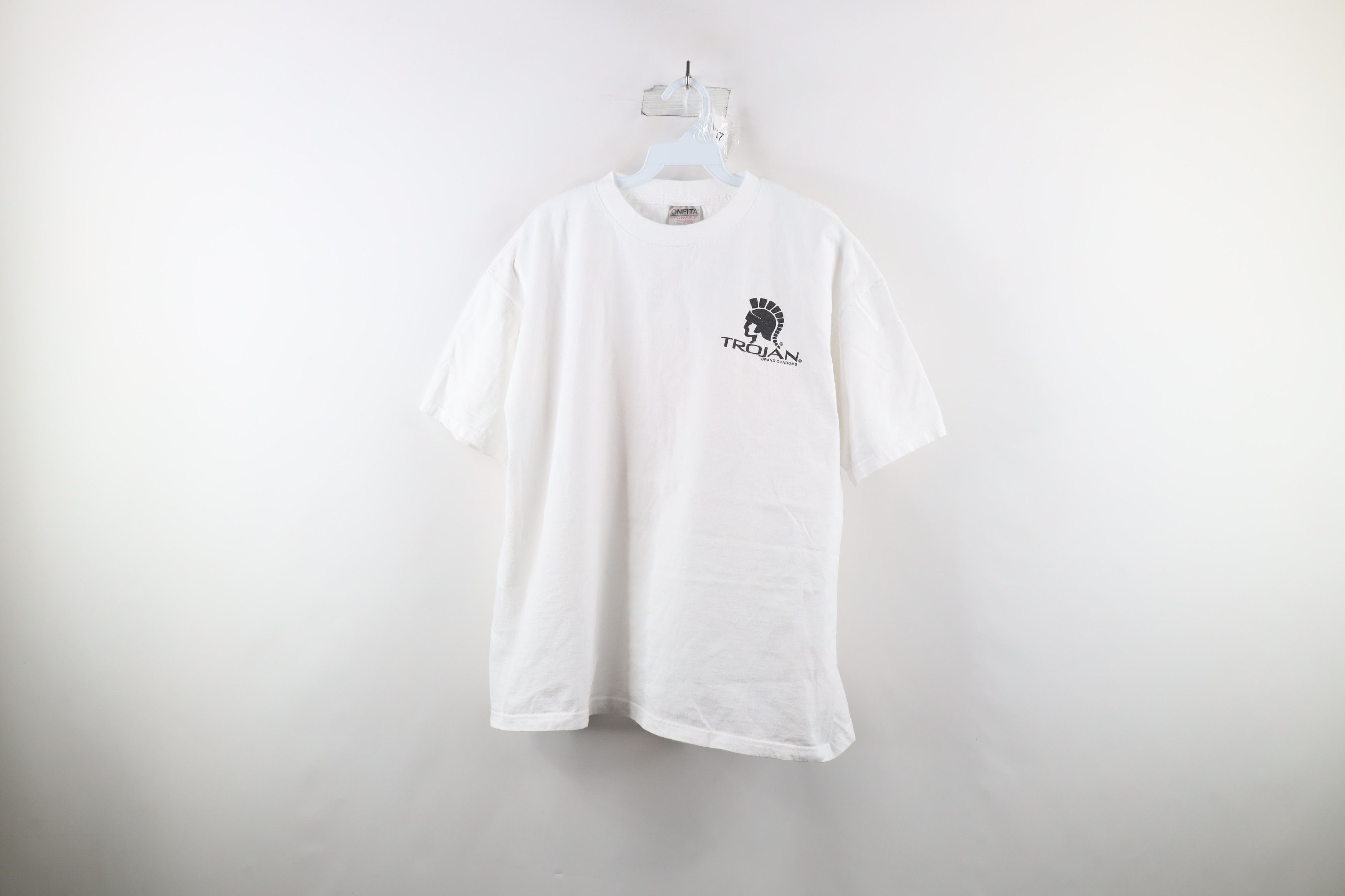 image of Vintage 90's Streetwear Trojan Condoms Short Sleeve T-Shirt in White, Men's (Size XL)