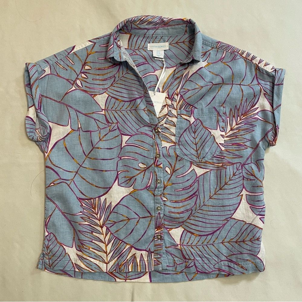 Cynthia Rowley NWT New Cynthia Rowley Linen Blue Tropical Leaf Shirt Pants Size 26" / US 2 / IT 38 - 6 Thumbnail