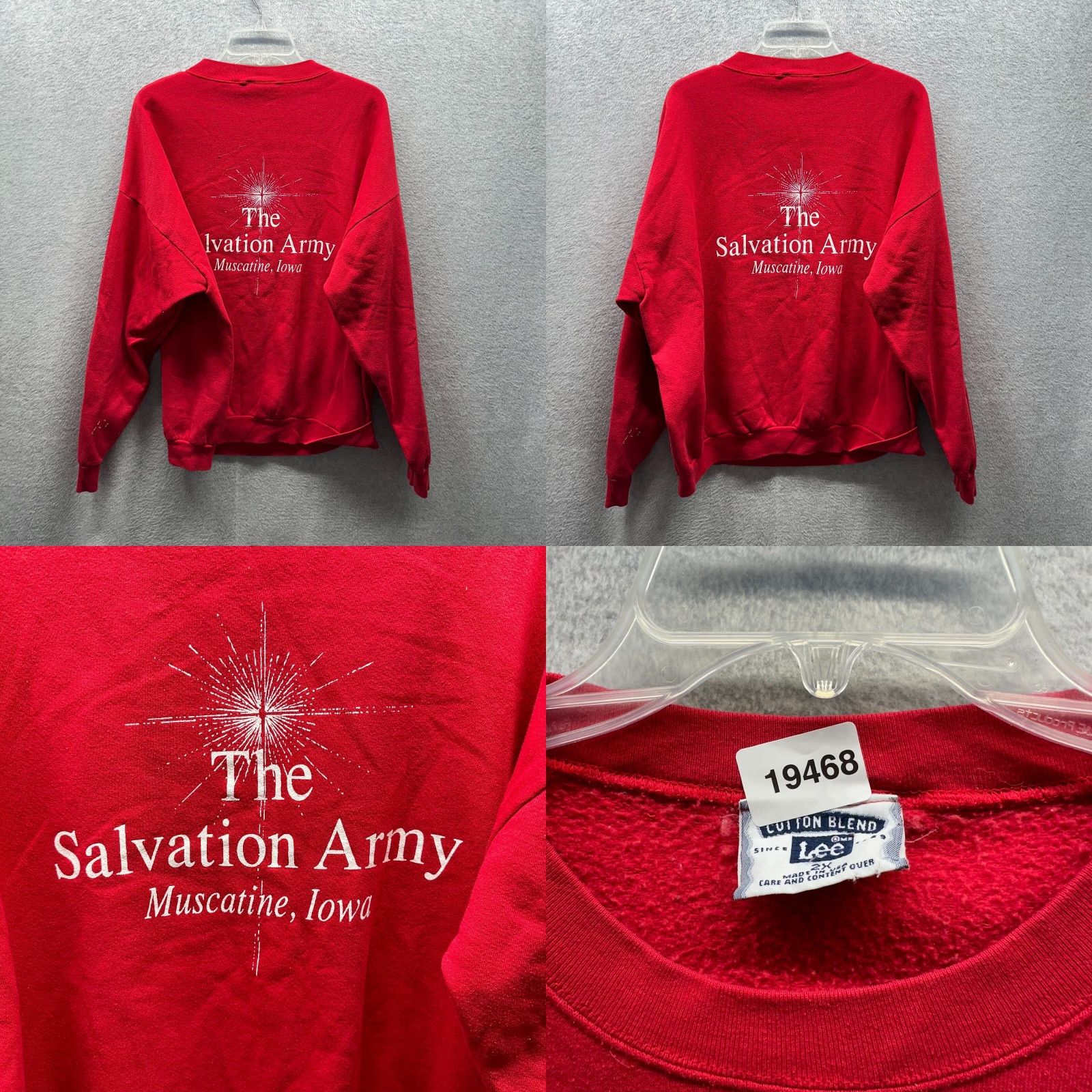 Lee VINTAGE Lee Sweatshirt Mens 2XL Red USA Salvation Army Jesus Lee Sweatshirt Crew Neck Long Sleeve Fleece Cotton Polyester 90s Pullover All Seasons Size US XXL / EU 58 / 5 - 9 Thumbnail