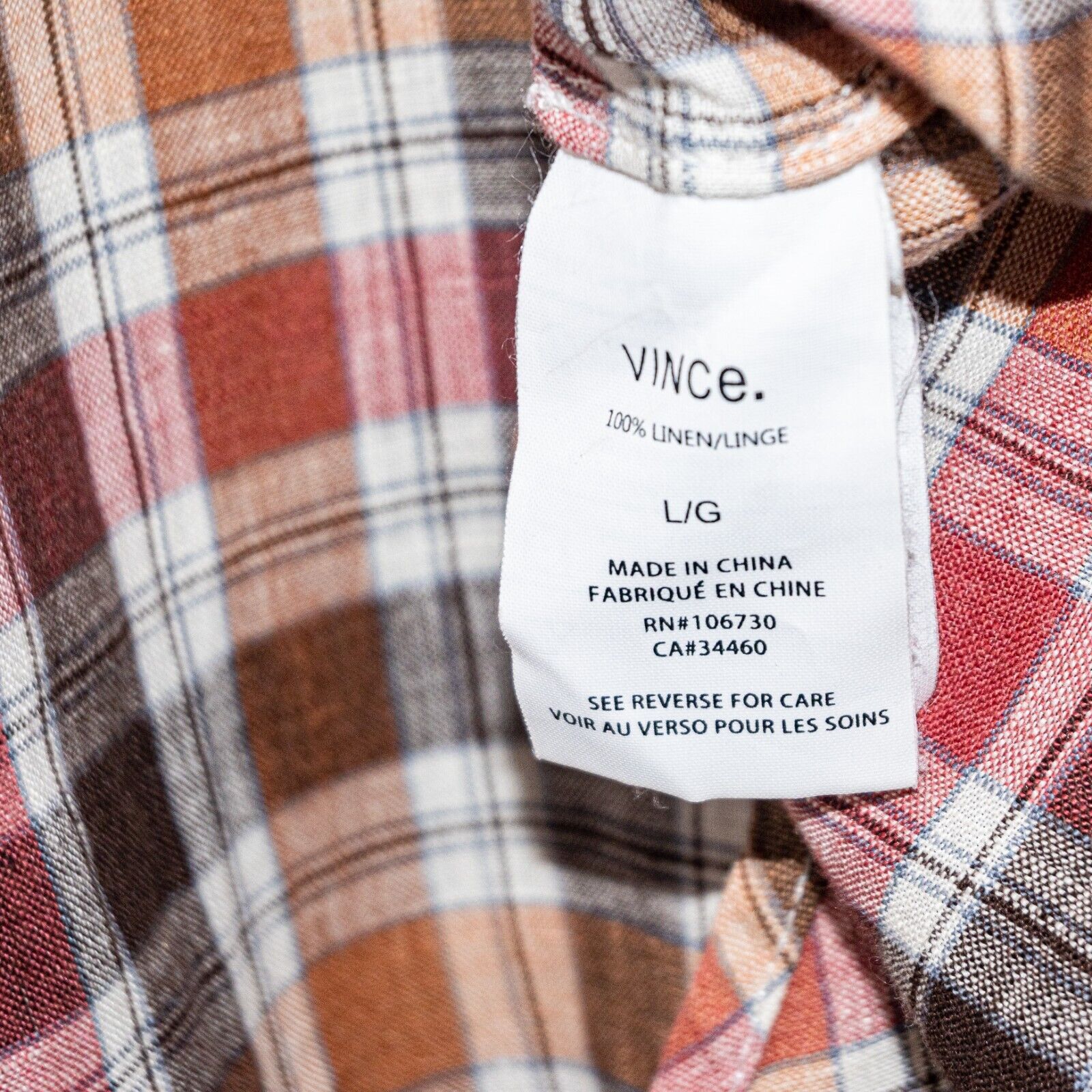 Vince VINCE 100% Linen Button Down Shirt in Multi color Plaid Size US L / EU 52-54 / 3 - 6 Thumbnail