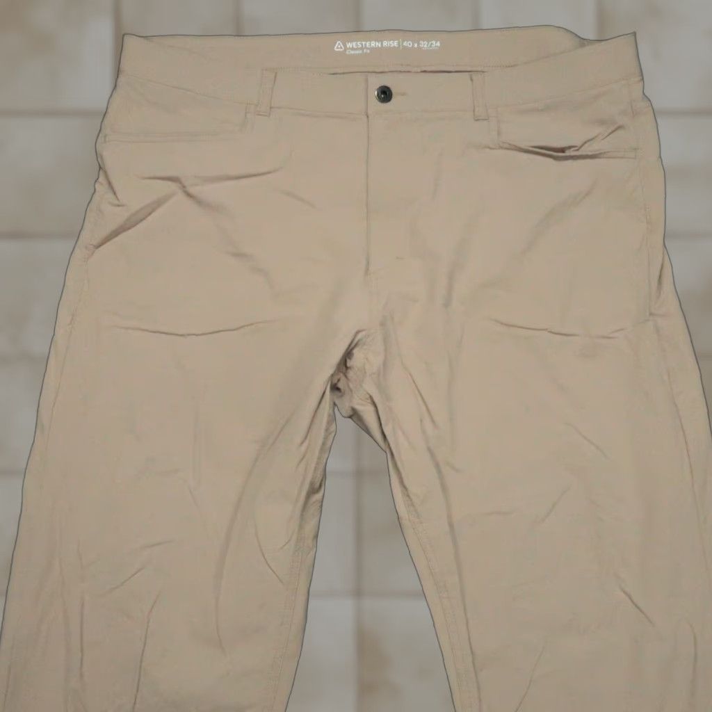 Vintage Western Rise Pants Mens 40x33 Khaki Tan Evolution Chino 5 Pocket Stretch Regular Inseam 33 Button Zip Belt Loops 5-Pocket Design Nylon Spandex Beige Size US 40 / EU 56 - 1 Thumbnail